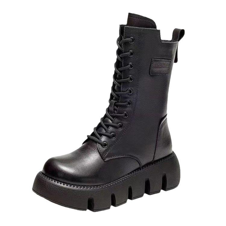 Winter-Leder-Damenstiefel mit runder Spitze und mittelhohem Absatz, Stiefeletten für Damen, zum Schnüren, warme Schneestiefel, Retro-Damen-Plattform-Bikerstiefel für Damen