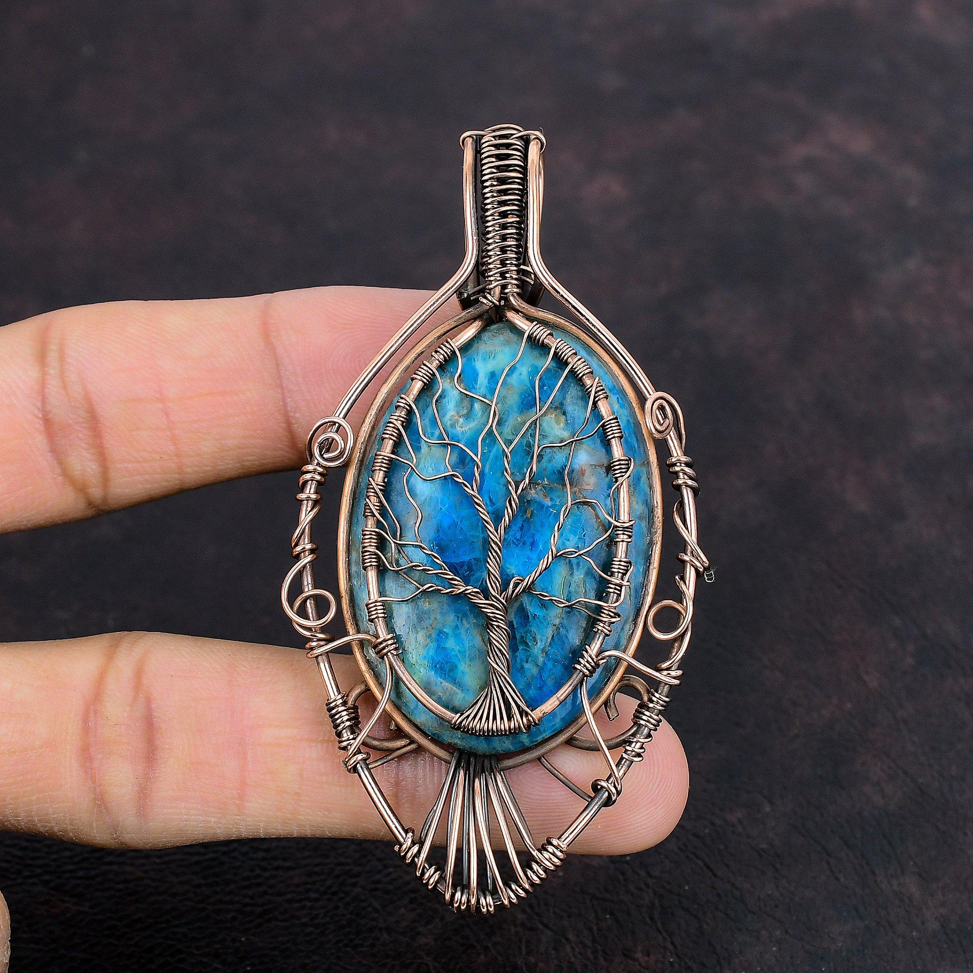 Tree Of Life Neon Apatite Pendant Copper Wire Wrapped Pendant Gemstone Copper Jewelry Handmade Pendant Tree Of Life Jewelry Anniversary Gift