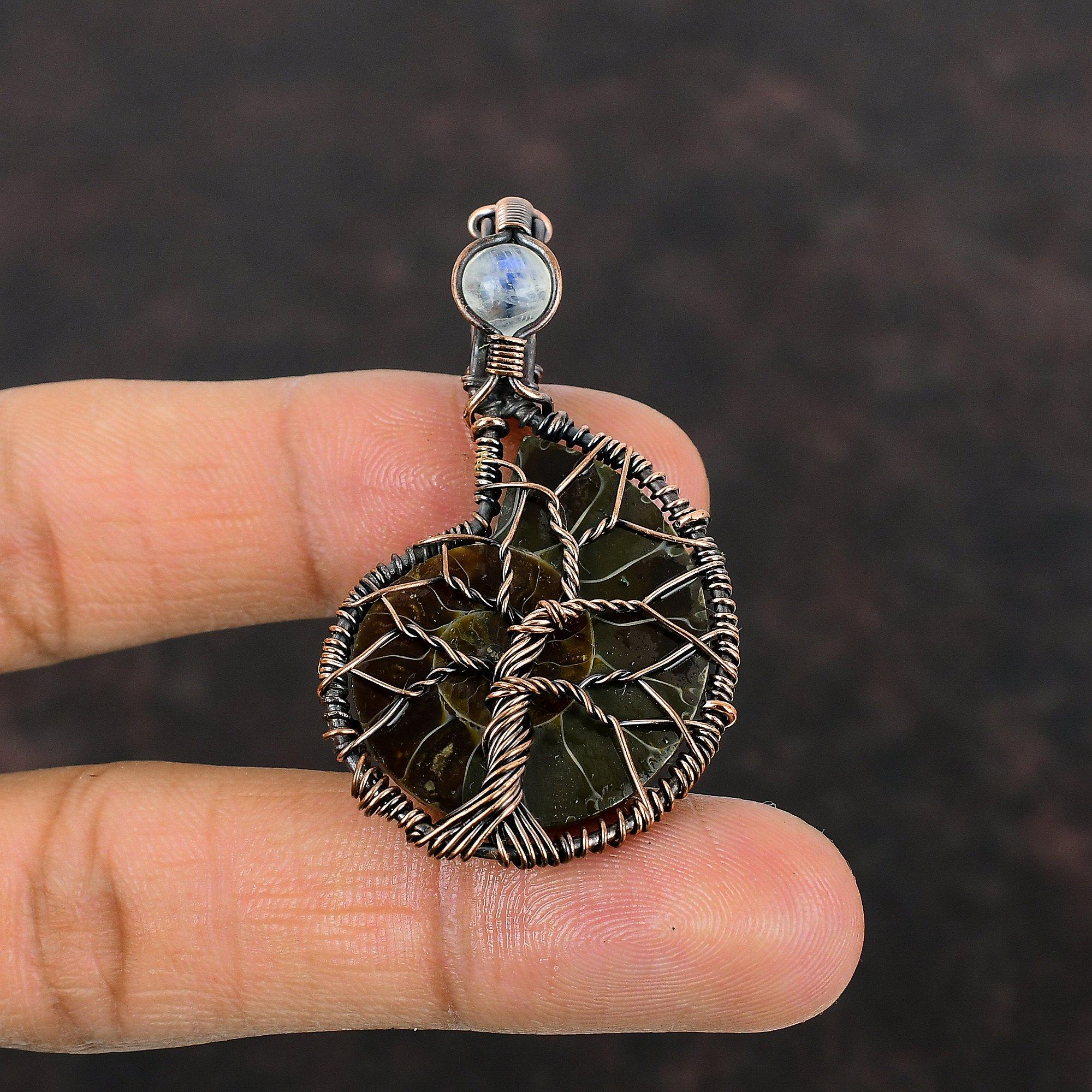 Tree Of Life Ammonite Fossil Gemstone Pendant Copper Wire Wrapped Pendant Rainbow Moonstone Pendant Designer Copper Jewelry Handmade Pendant