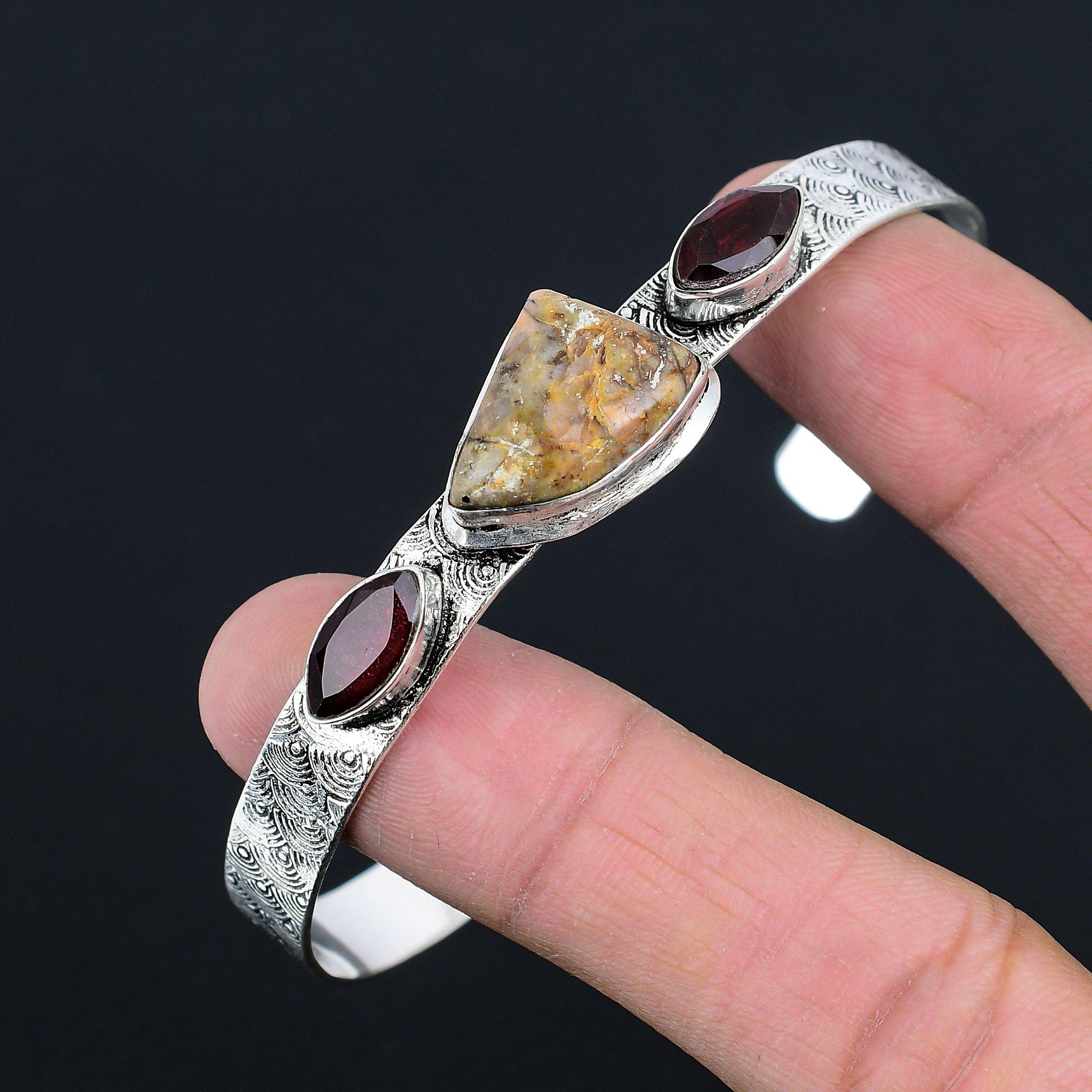 Natural Dendrite Tiger Gemstone Bangle Adjustable 925 Sterling Silver Jewelry