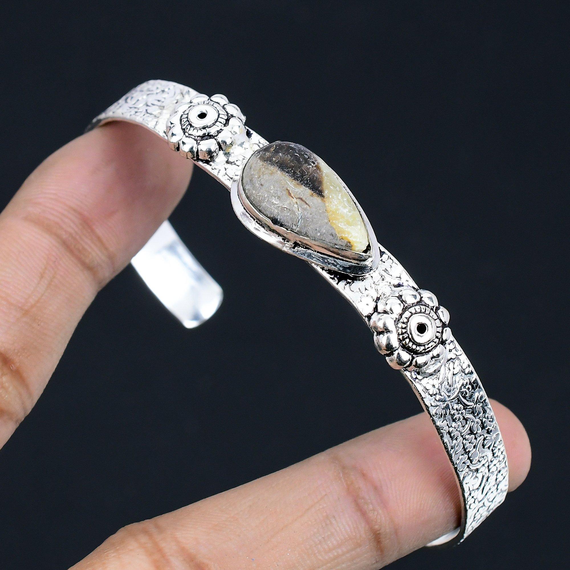 Natural Septarian Gemstone Bangle Adjustable 925 Sterling Silver For Girls