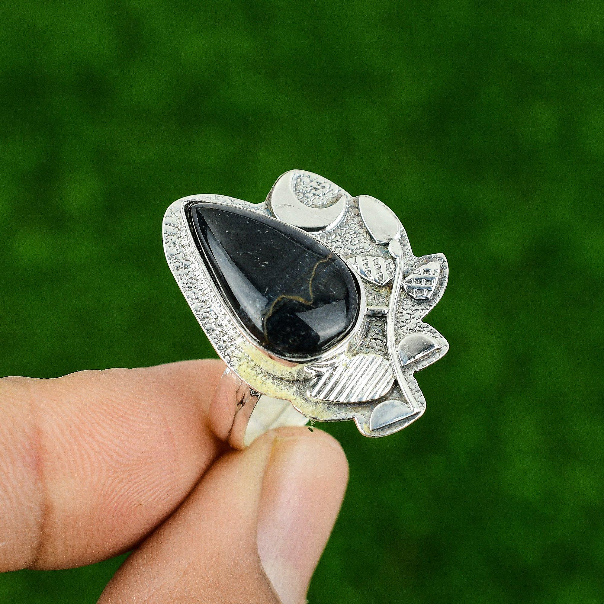 925 Silver Natural Pietersite Mother Statement Birthday Cescent Moon Ethnic Ring