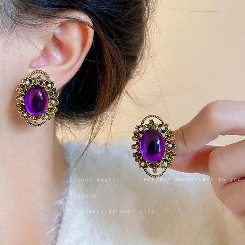 Purple Gemstone Stone Hole-less Ancient Pearl Ear Clip Earrings for Women