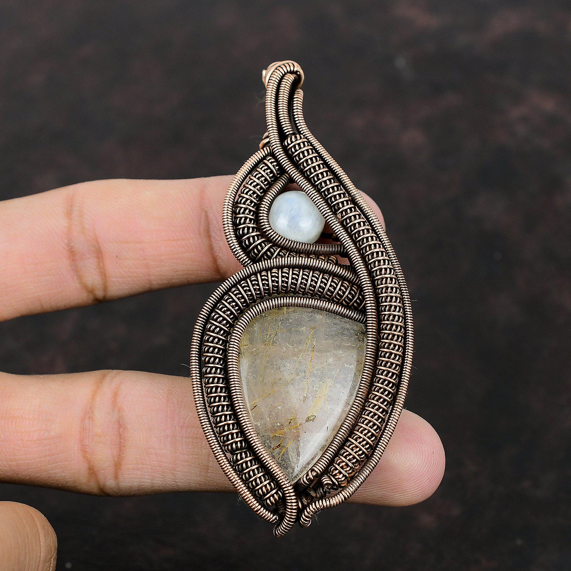 Golden Rutile Pendant Copper Wire Wrapped Gemstone Pendant Handmade Wire Wrap Jewelry Rainbow Moonstone Pendant Gift For Her Copper Jewelry