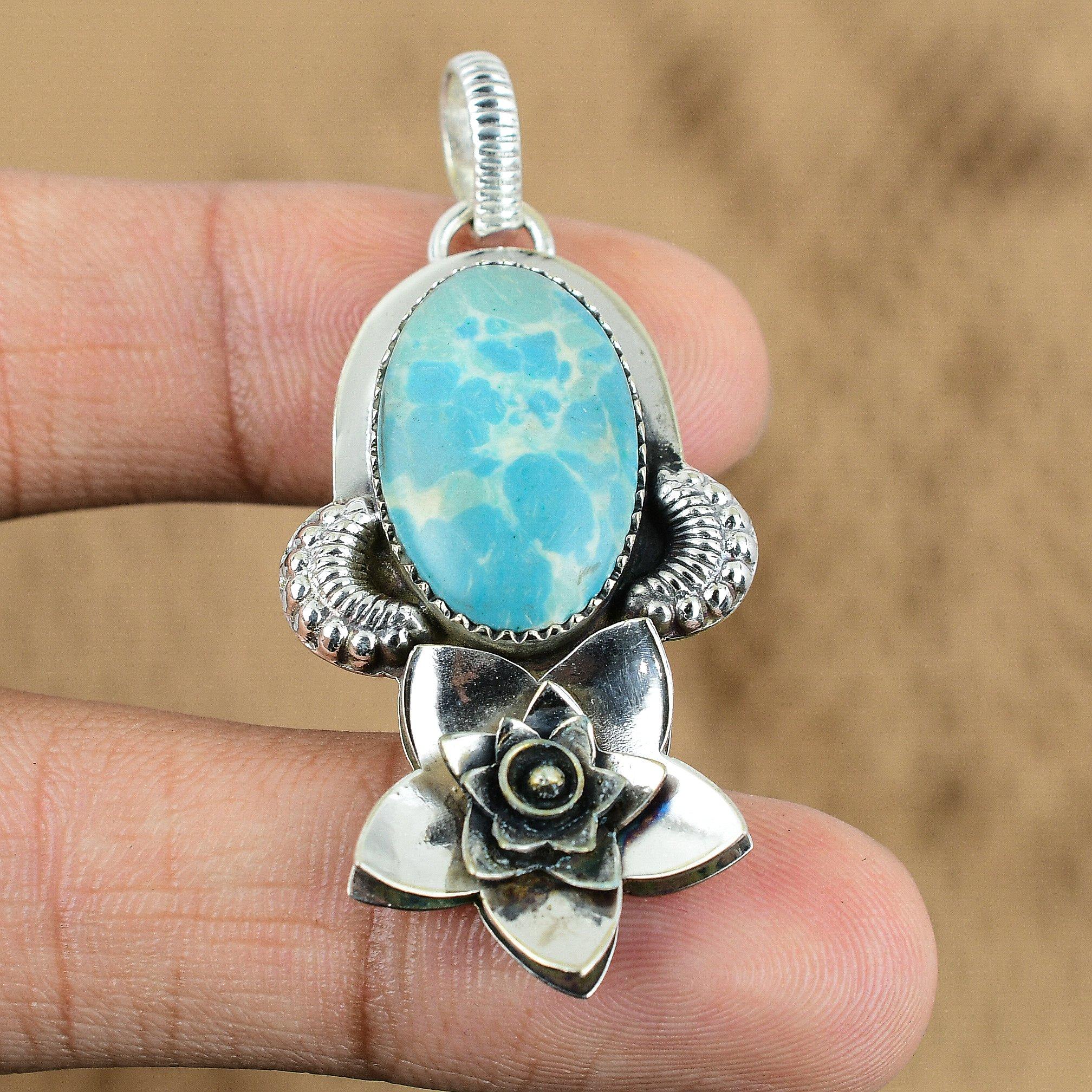 Oval Natural Mosaic Balloon Jasper Flower Mother Boho Pendant Jewelry 925 Silver