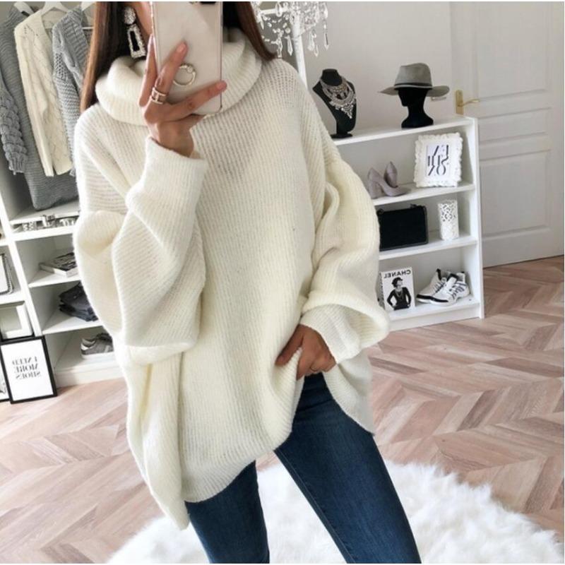 Women Knitted Solid Color Sweaters Turtleneck Full Sleeve Thick Jumpers Pullovers Loose Casual Splice Sweater Autumn Winter Pullover