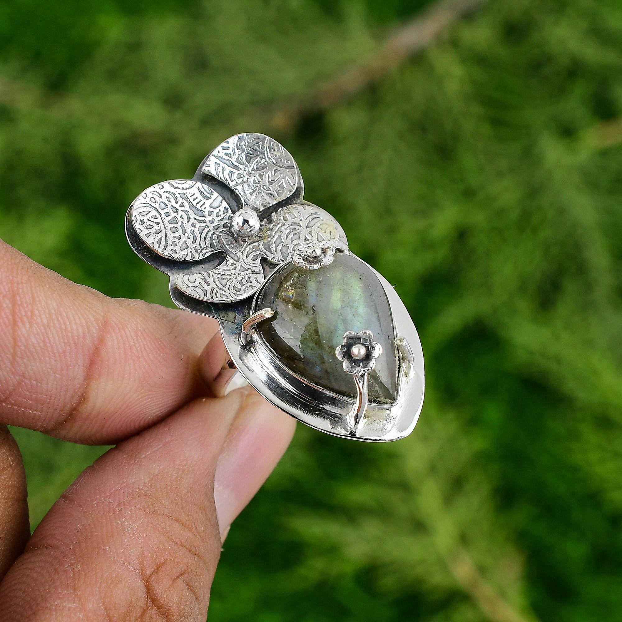 Labradorite Gemstone Sterling Silver Bezel Stackable Mother Flower Ring Jewelry