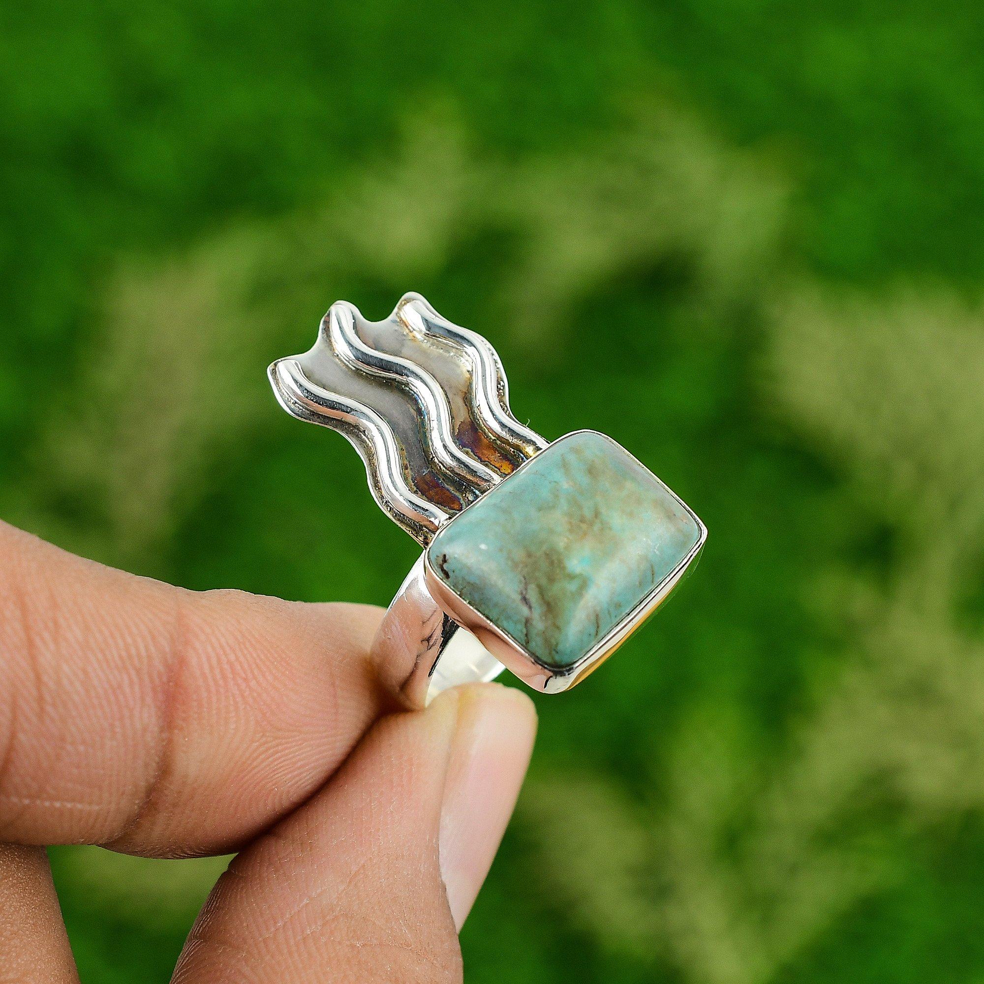 Natural Tibetan Turquoise Gemstone 925 Silver Statement Ring Size 9 For Girls