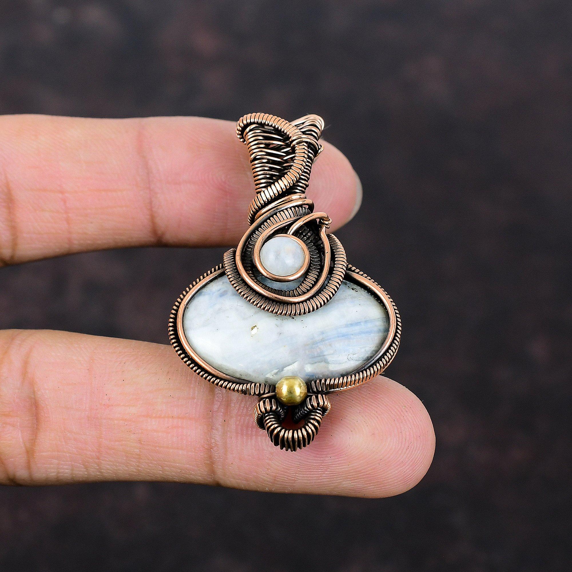 Blue Scheelite Pendant Copper Wire Wrapped Rainbow Moonstone Pendant Handmade Copper Jewelry Gift For Mom Gemstone Pendant Wire Wrap Jewelry