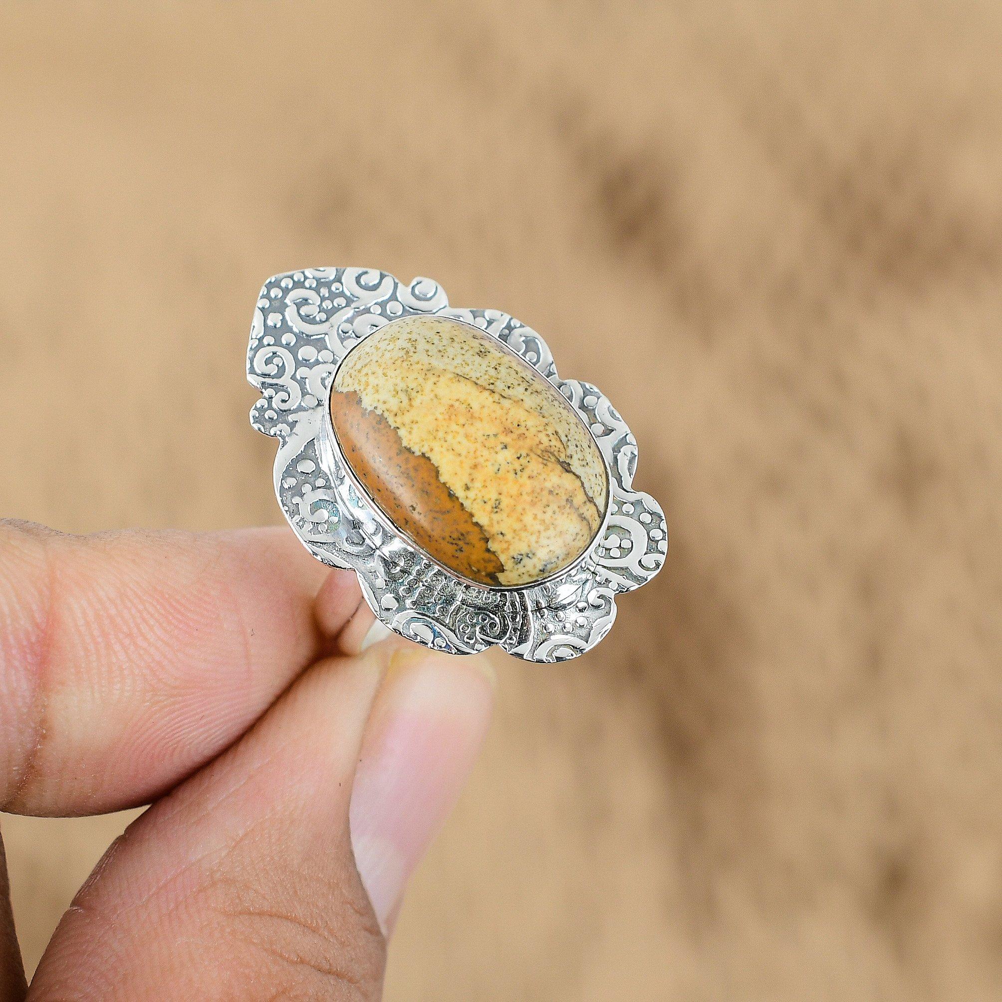 Mothers Day Sale Picture Jasper Gemstone 925 Sterling Silver Promise Unique Ring