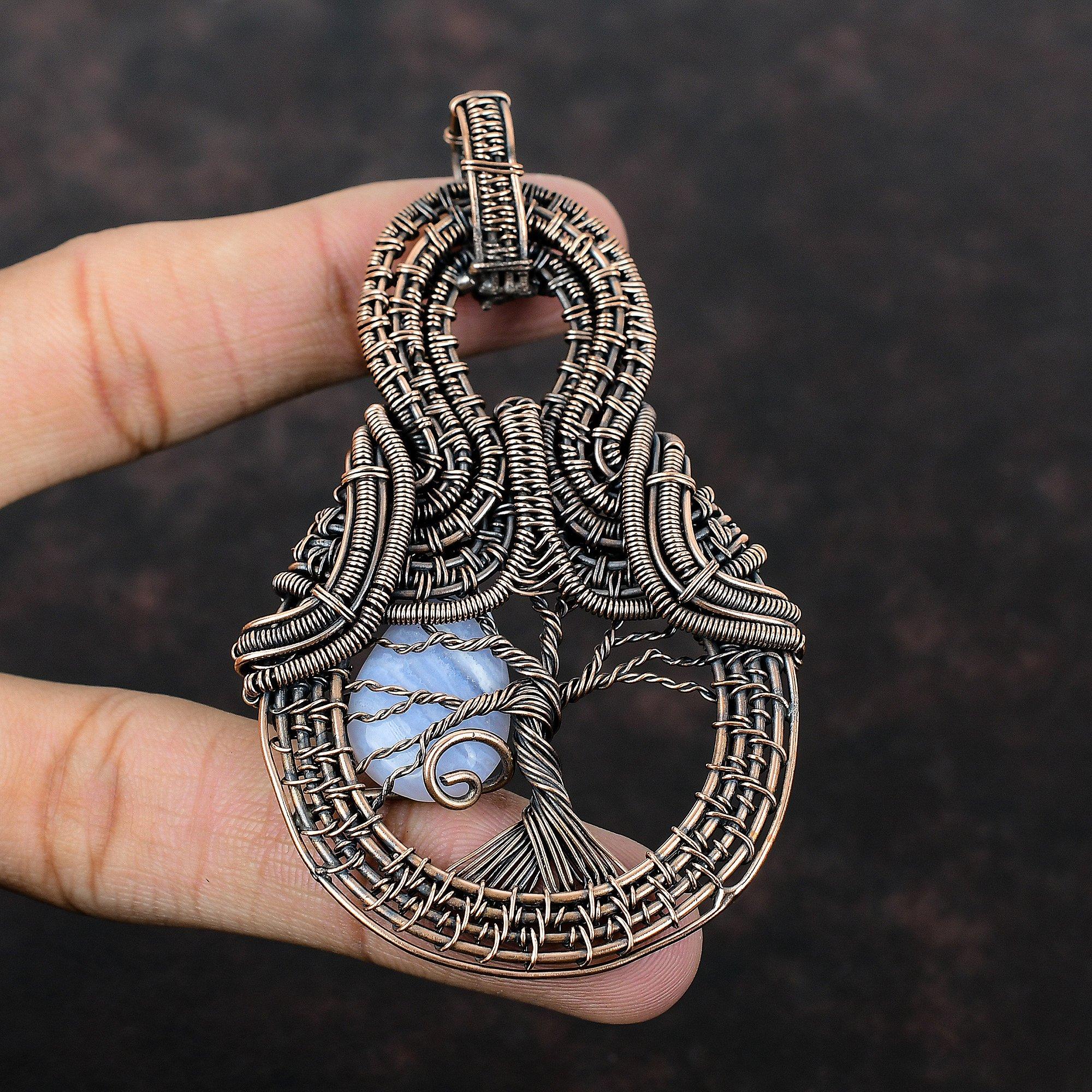 Tree Of Life Blue Lace Agate Pendant Copper Wire Wrapped Pendant Handmade Copper Jewelry Gemstone Pendant Wire Wrap Jewelry Gift For Mother