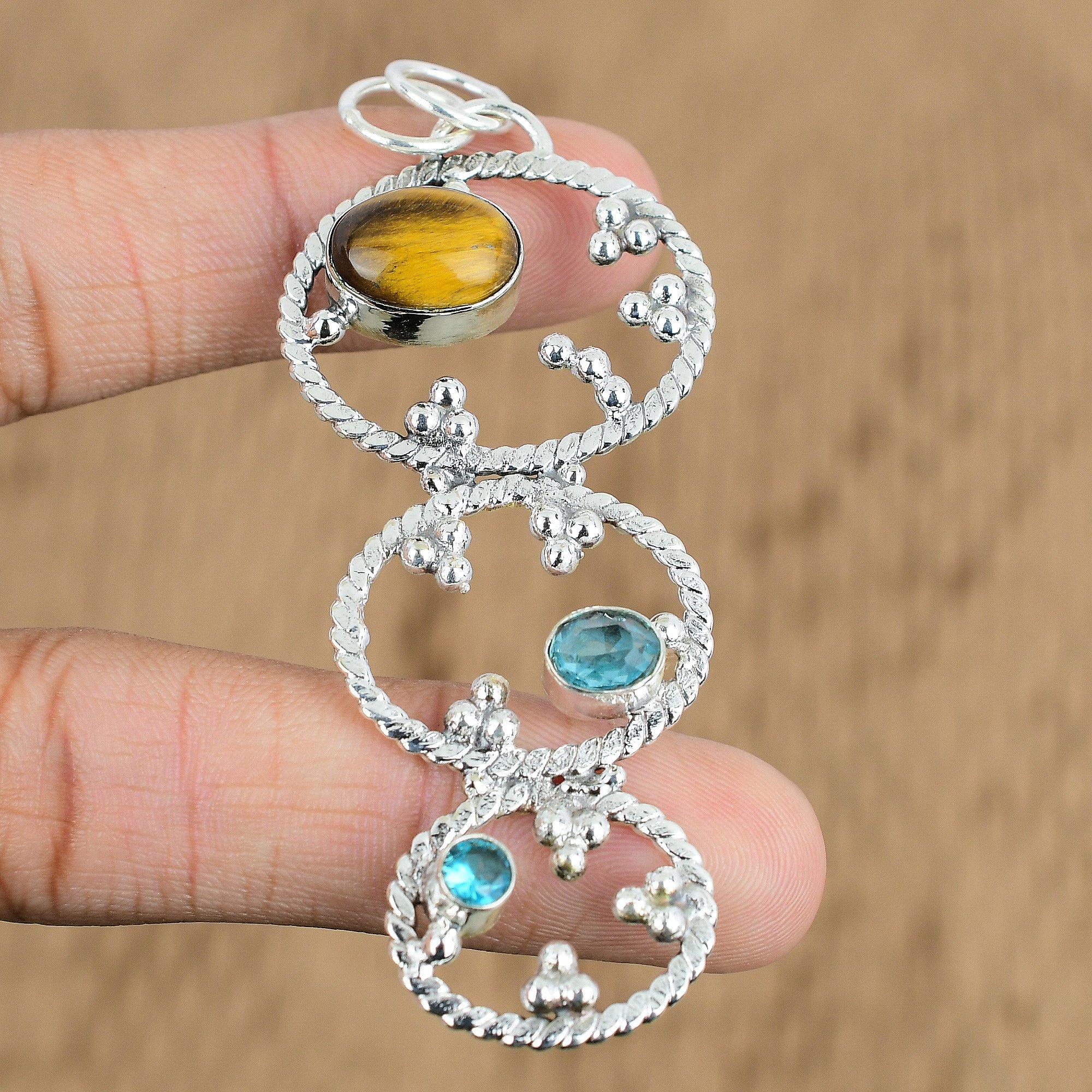 Mothers day Deal Oval Tiger's Eye Gemstone Swiss Blue Topaz Pendant 925 Silver