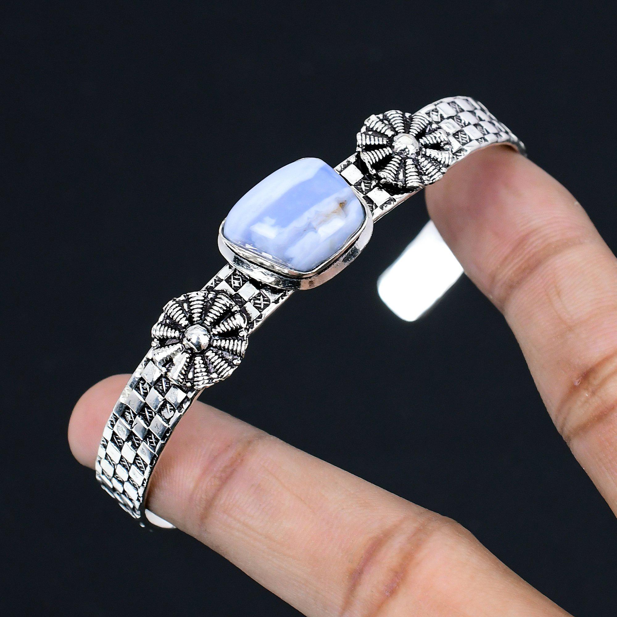Daughters Day Sale 925 Silver Trillion Owyhee Blue Opal Stone Bangle Bracelet