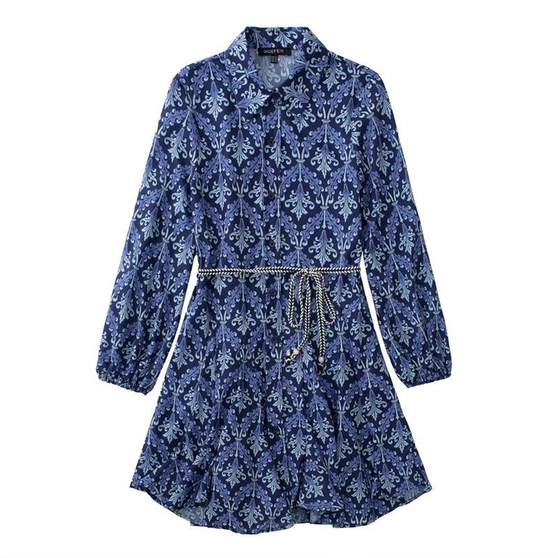 Spring Women's Lace Up Printed Long Sleeve Petticoat Style Mini Dress