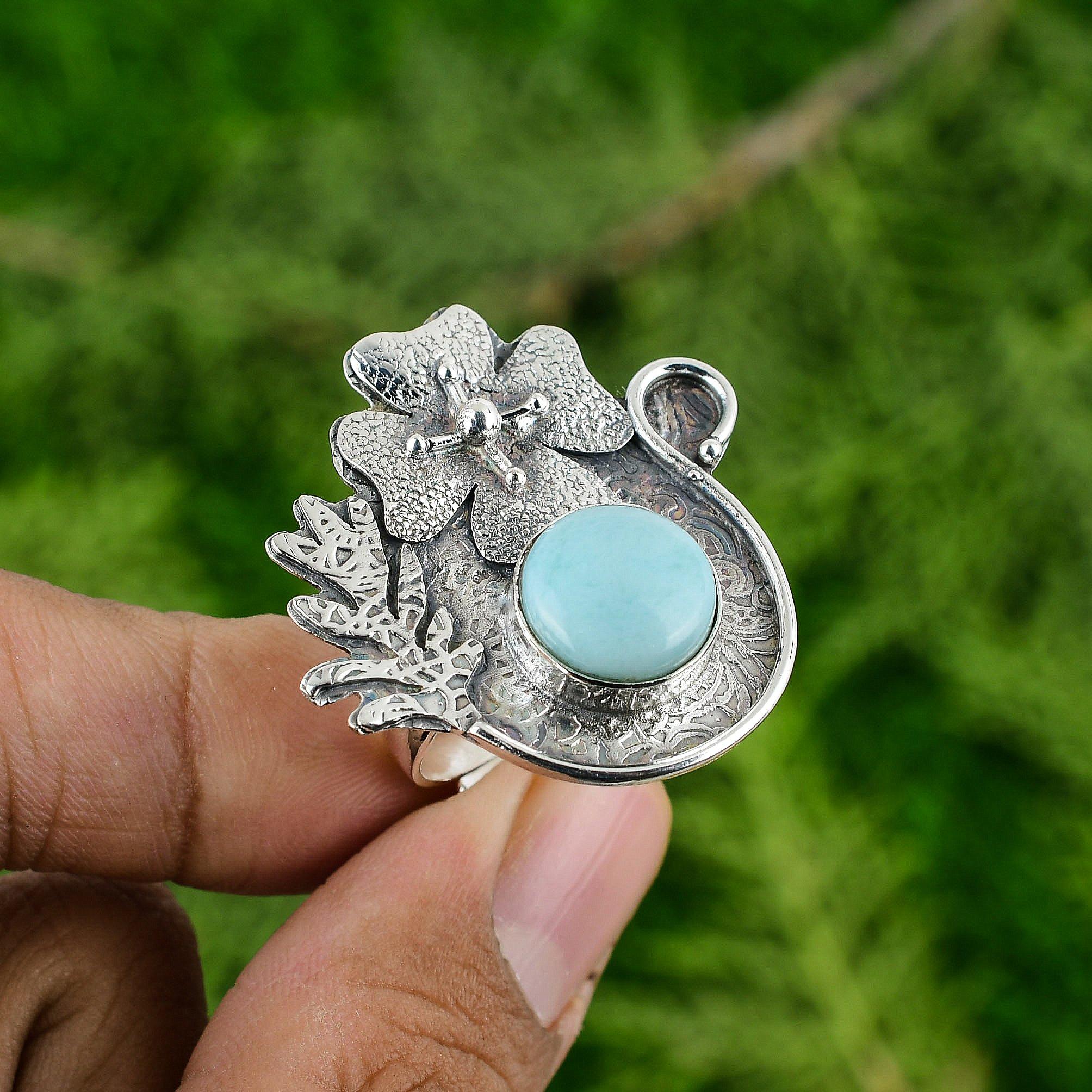 Gift For Her Natural Larimar Multi Stone Flower Adjustable Ring 925 Silver