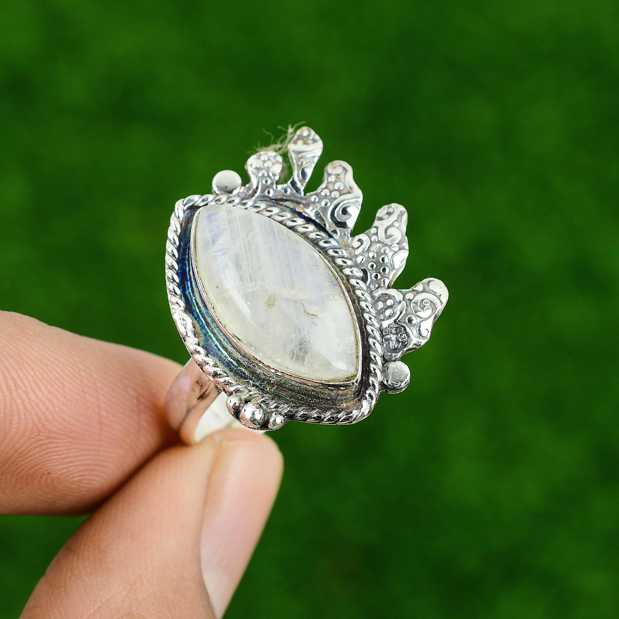 Natural Rainbow Moonstone Gemstone Promise Adjustable Ring 925 Sterling Silver