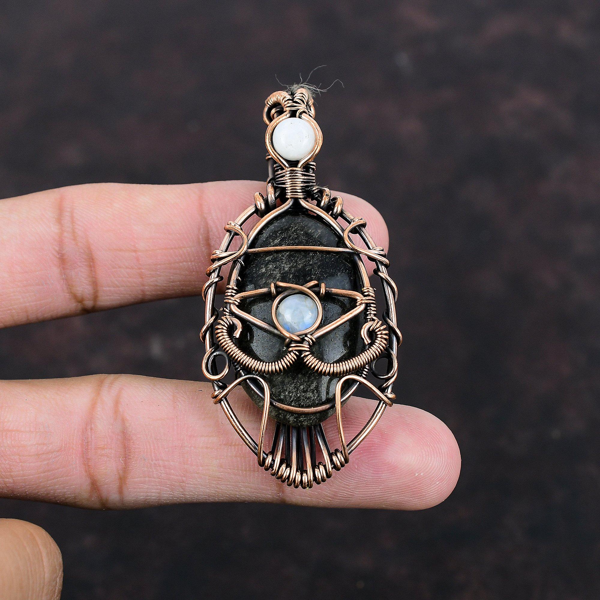 Evil Eye Silver Sheen Obsidian Pendant Rainbow Moonstone Pendant Copper Wire Wrapped Pendant Gemstone Jewelry Handmade Pendant Gift For Him