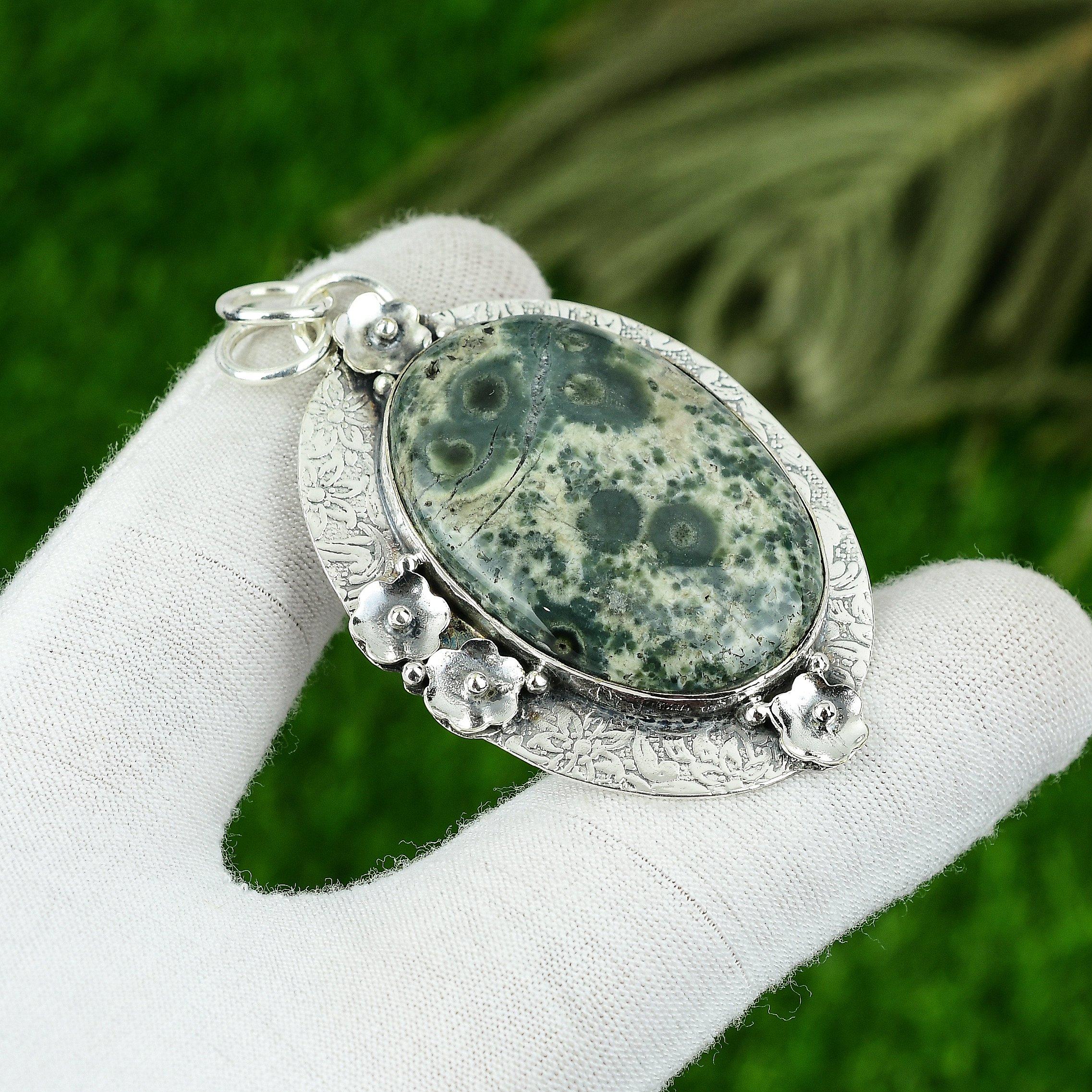 Natural Ocean Jasper Gemstone Pendant 925 Sterling Silver Indian Jewelry