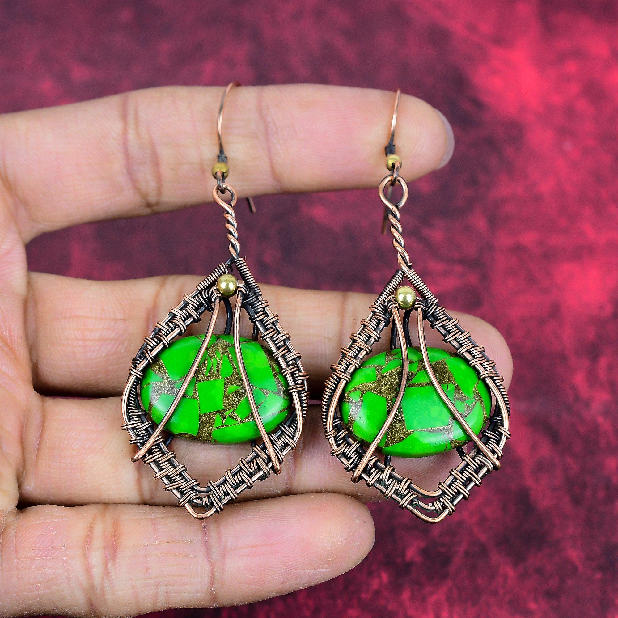 Copper Green Turquoise Earring Copper Wire Wrapped Earrings Handmade Copper Jewelry Natural Gemstone Earring Wire Wrap Jewelry Gifts for Her