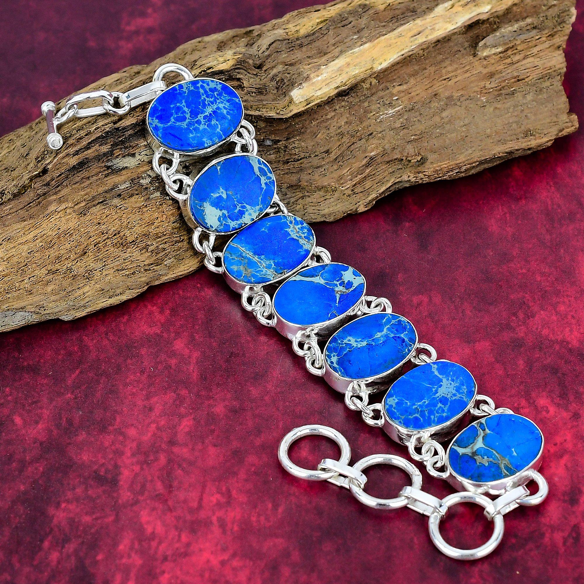 Pulsera de sedimentos marinos azules, joyería de piedras preciosas, pulsera de cadena ajustable de plata de ley maciza 925, regalo para mujer, collar hecho a mano