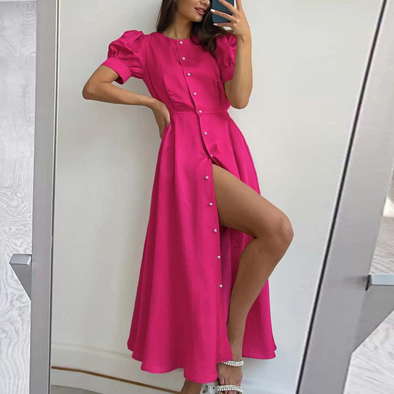 Women's Summer Solid Color Temperament High Waist Mid-Length Shirt Dresses