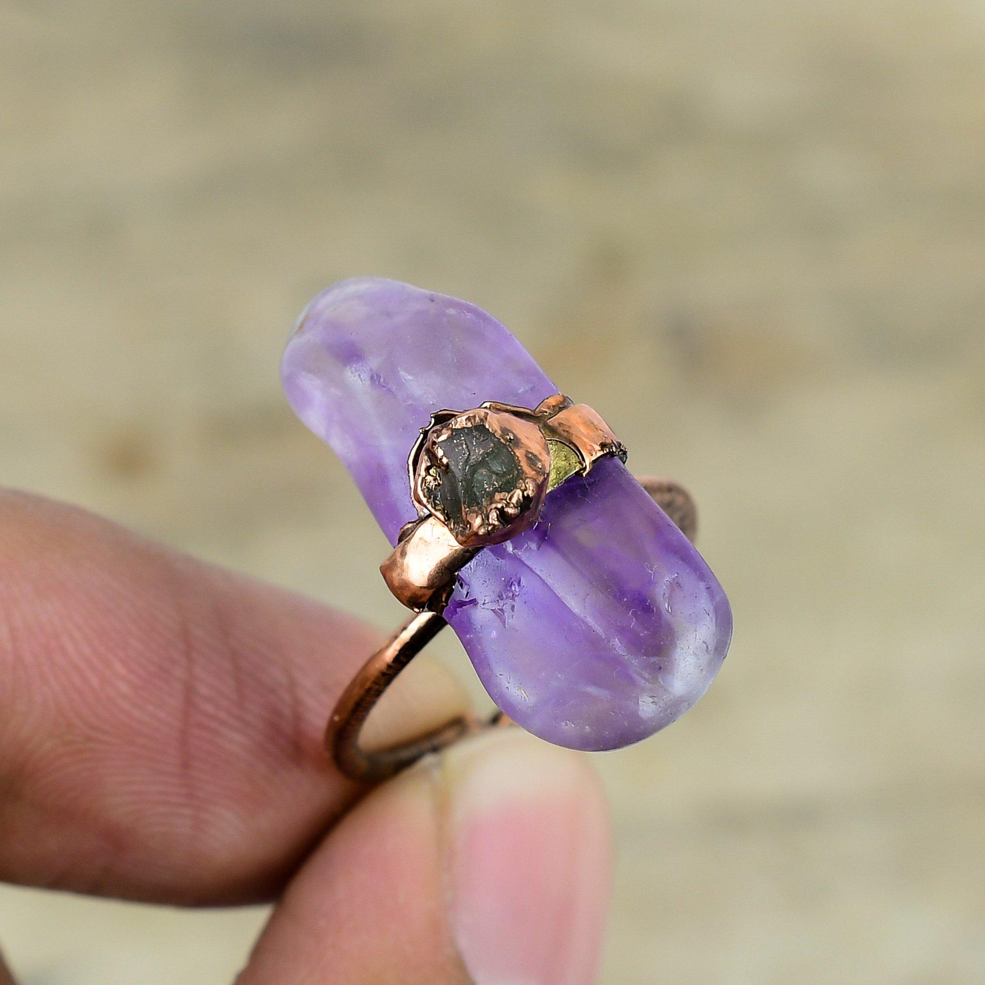 Star Amethyst Ring Electroformed Copper Ring Adjustable Rings Green Tourmaline Rough Gemstone Jewelry Handmade Ring Copper Jewelry For Gifts