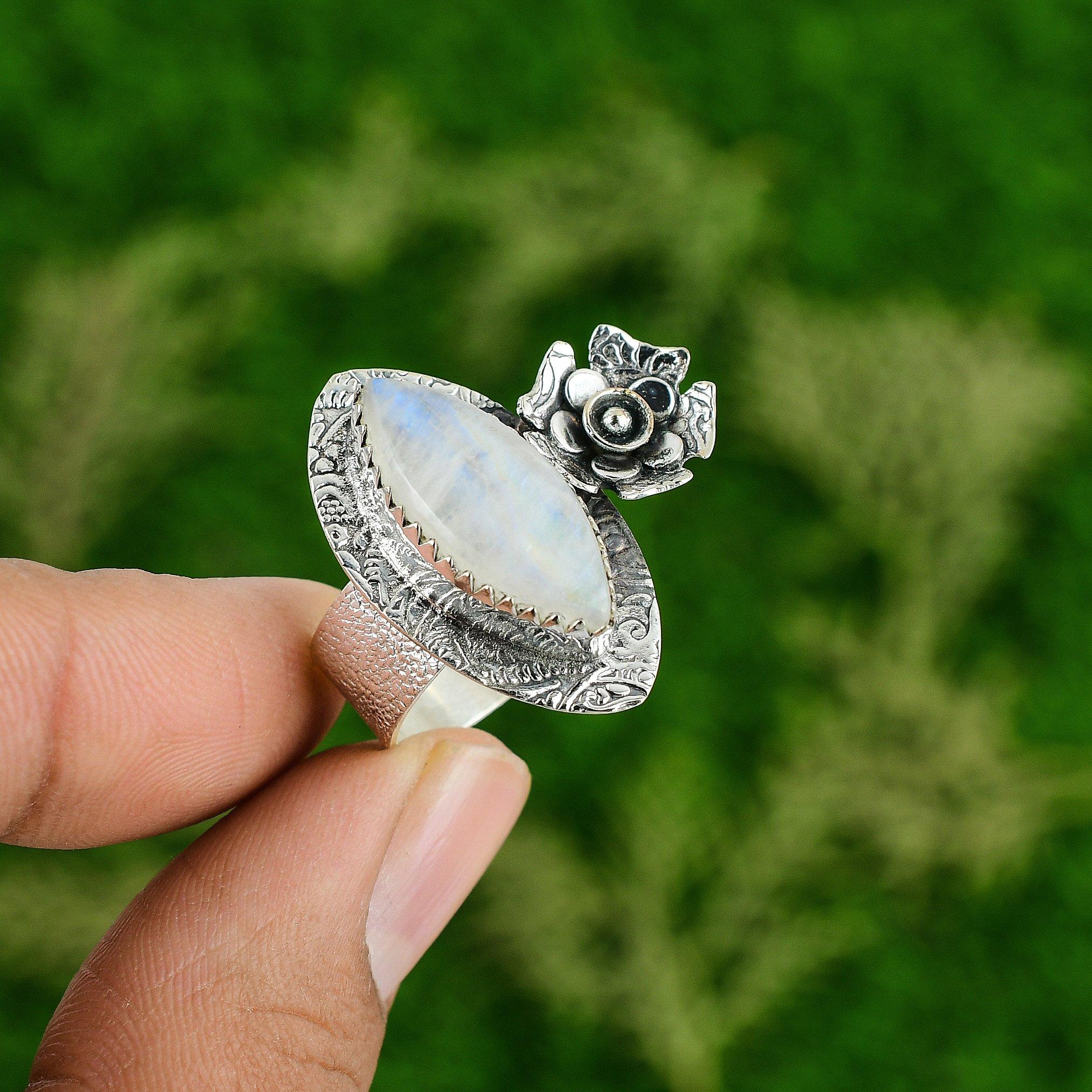 Natural Rainbow Moonstone 925 Silver Promise Flower Ring Size 6.75 For Girls