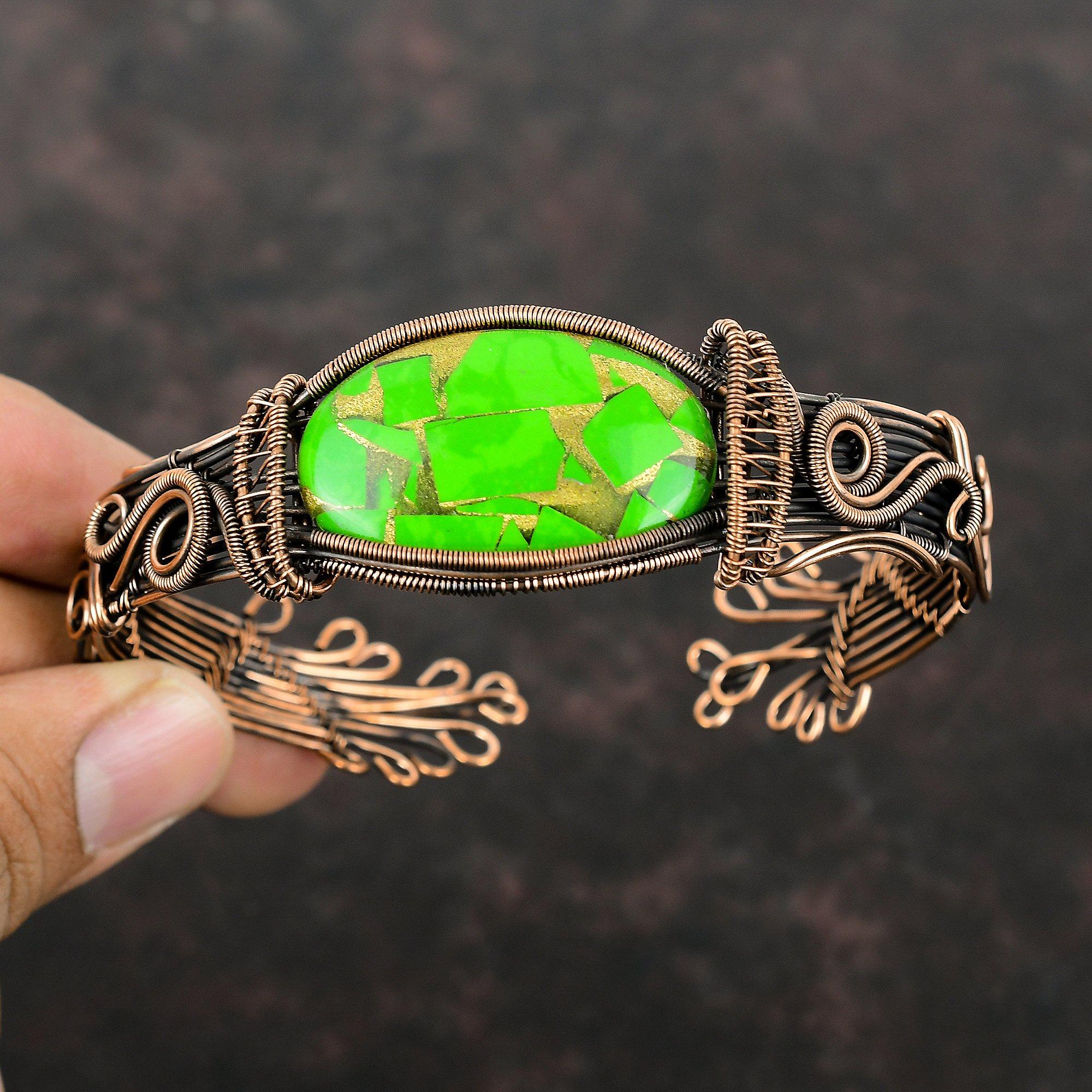 Copper Green Turquoise Bangle Gemstone Wire Wrapped Cuff Bracelet Adjustable Bangle Handmade Copper Bangle Gift For Friend Designer  Jewelry