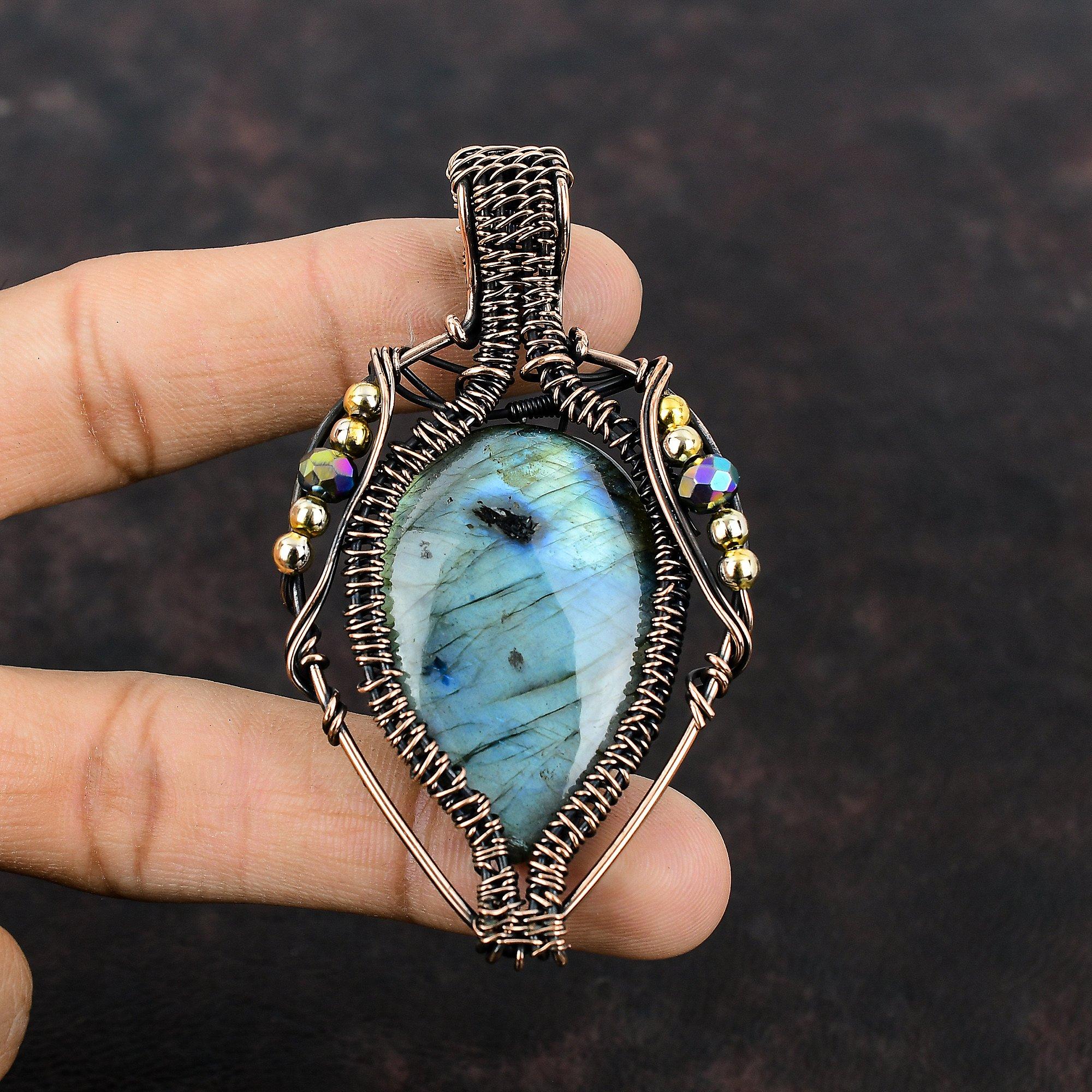 Labradorite Natural Gemstone Pendant Copper Wire Wrapped Pendant Titanium Beads Pendant Wire Wrapped Jewelry Handmade Pendant Gift For Her