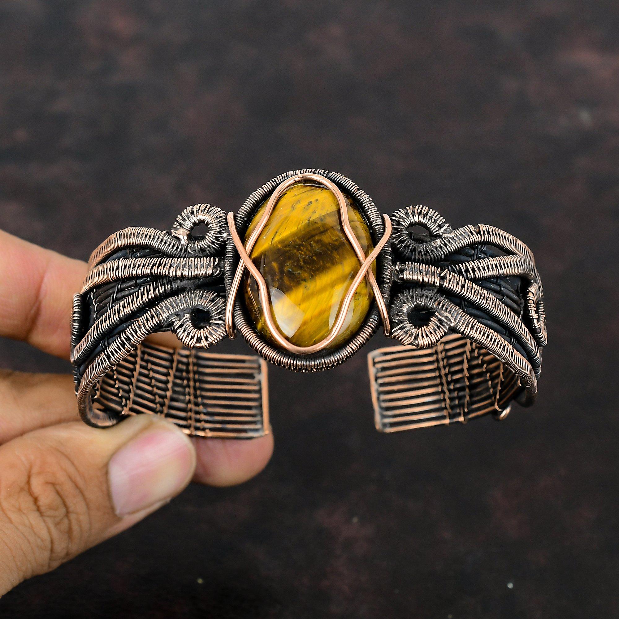 Tigerauge Armreif Edelstein Armreif Kupferdraht gewickelt Armreif verstellbar Armreif handgefertigt Armband Hochzeitsgeschenk Kupferschmuck