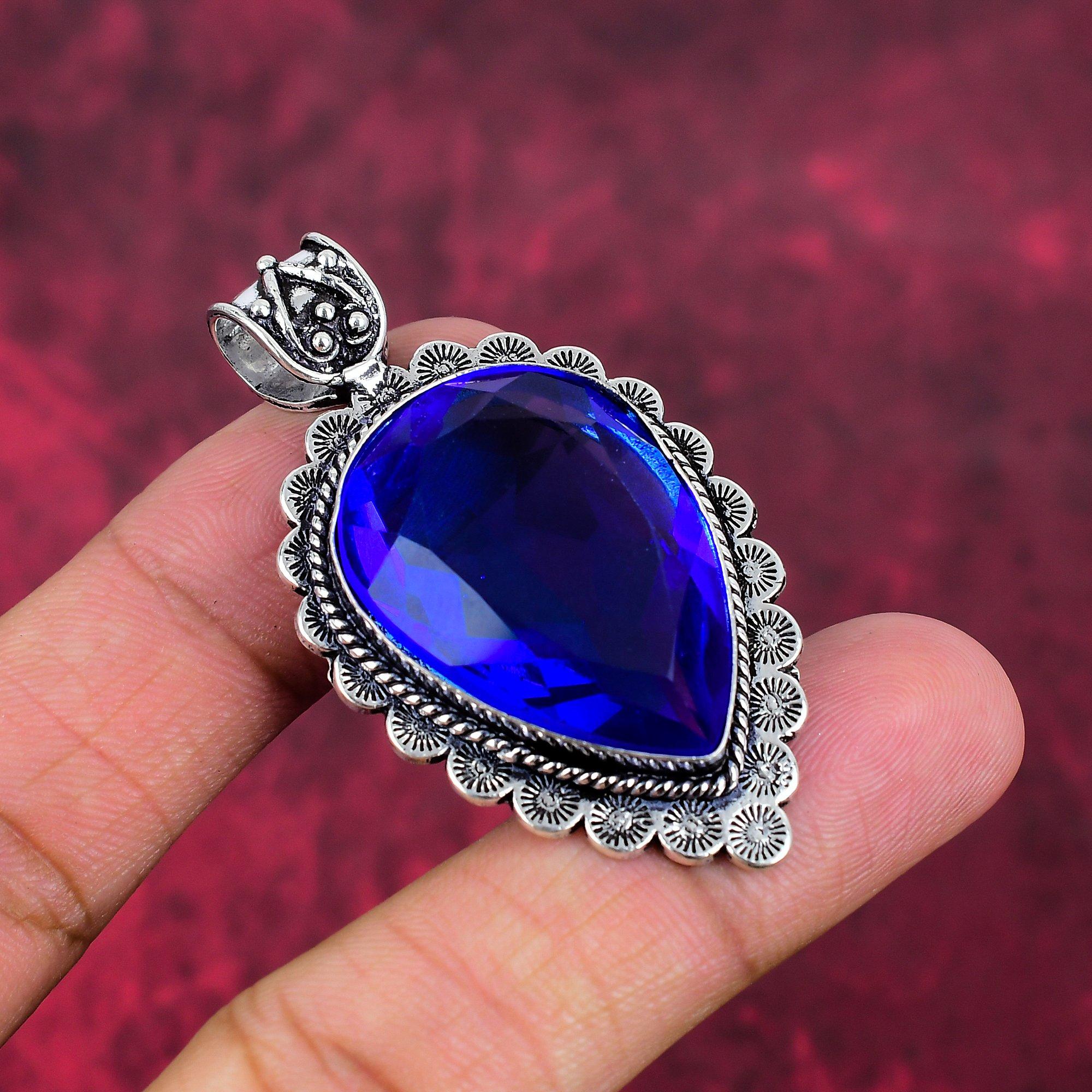 Pandantiv cu safir albastru, pandantiv cu pietre prețioase lucrat manual, bijuterii antice cu pandantiv din argint solid 925, pentru cadou de logodnă