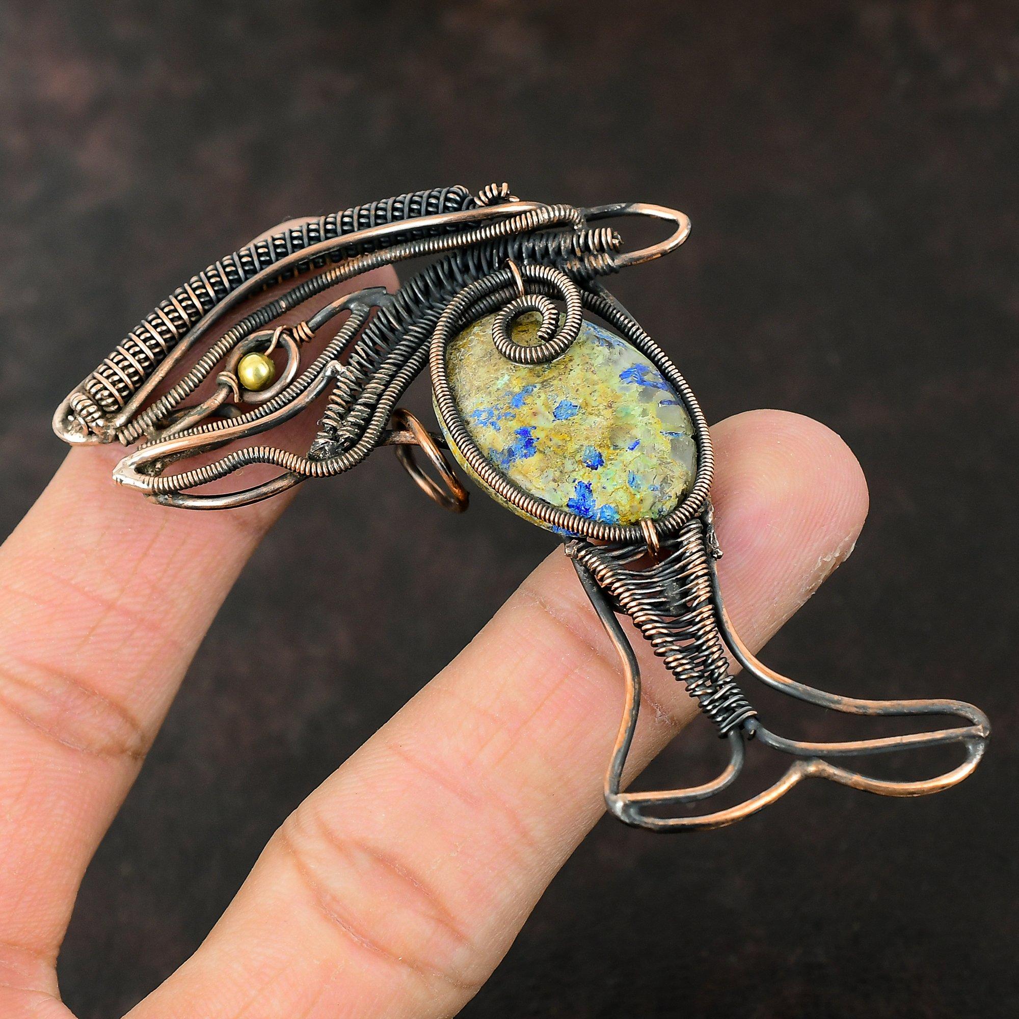 Pandantiv Azurit Malahit Înfășurat în Sârmă de Cupru Pandantiv cu Piatră Prețioasă Bijuterii din Cupru Handmade Pandantiv Pește Înfășurat în Sârmă Bijuterii Designer Cadou Pentru Ea