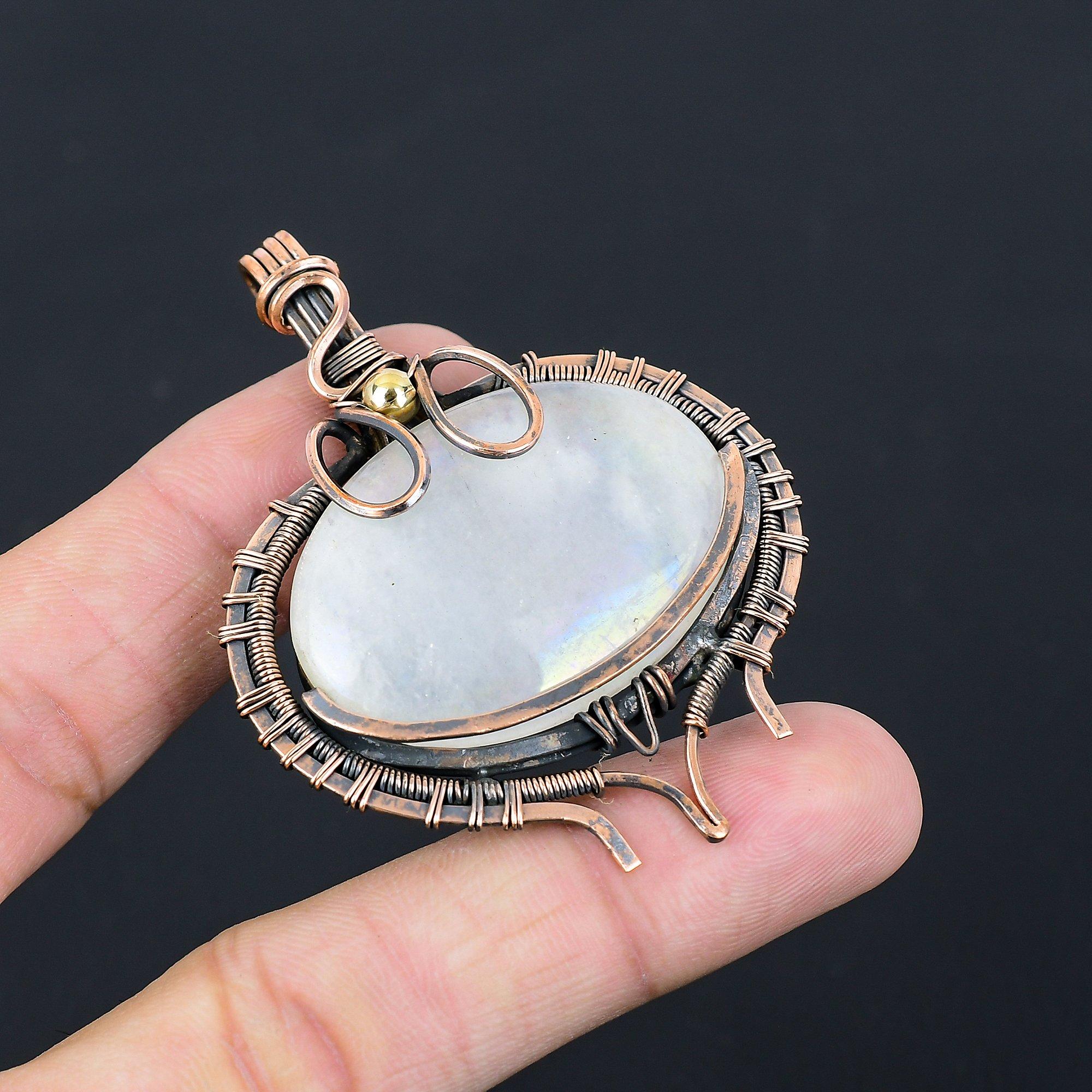 Moonstone Gemstone Pure Copper Wire Wrapped Handmade Pendant Jewelry Gift For Her