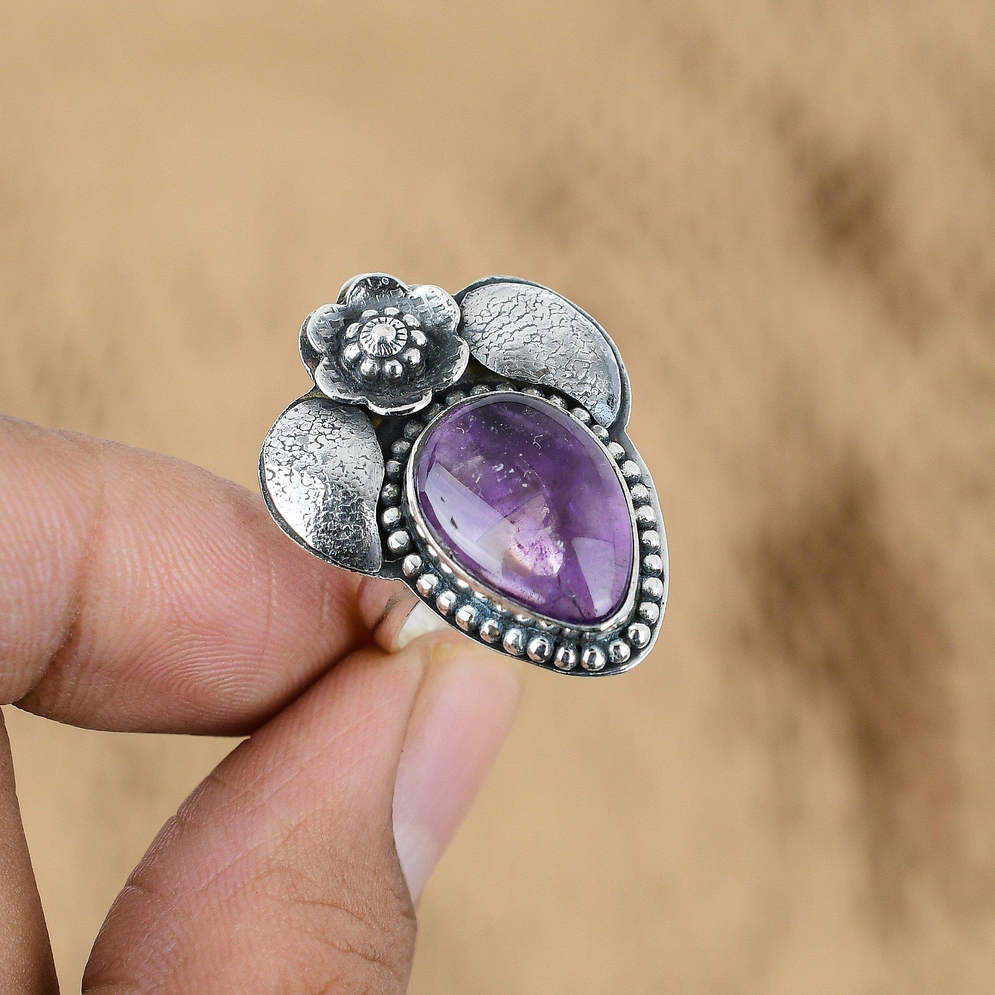 925 Silver Pear African Amethyst Gemstone New Flower Boho Daughter Ring Jewelry