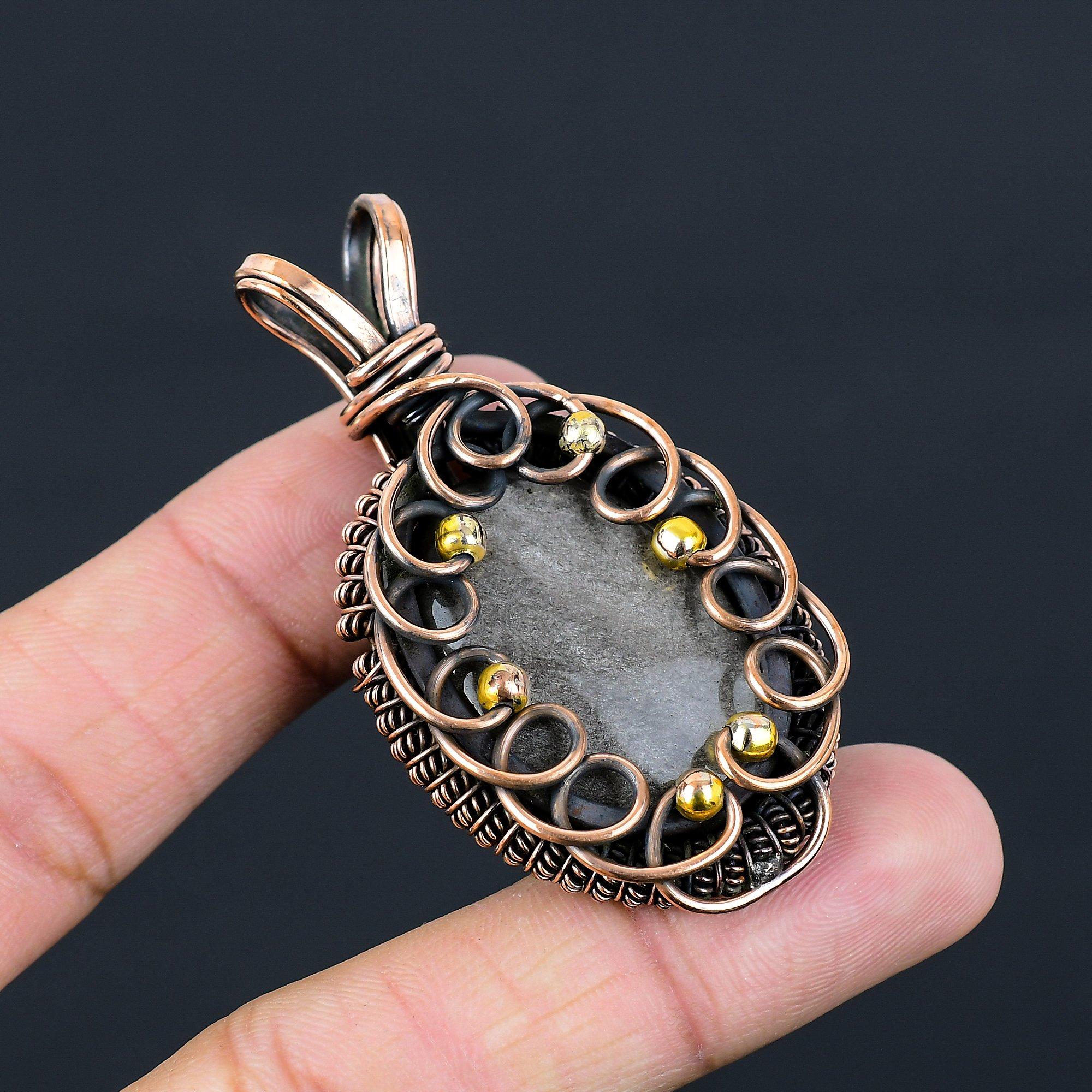 Silver Sheen Obsidian Gemstone Pure Copper Wire Wrapped Handmade Jewelry Pendant For Her