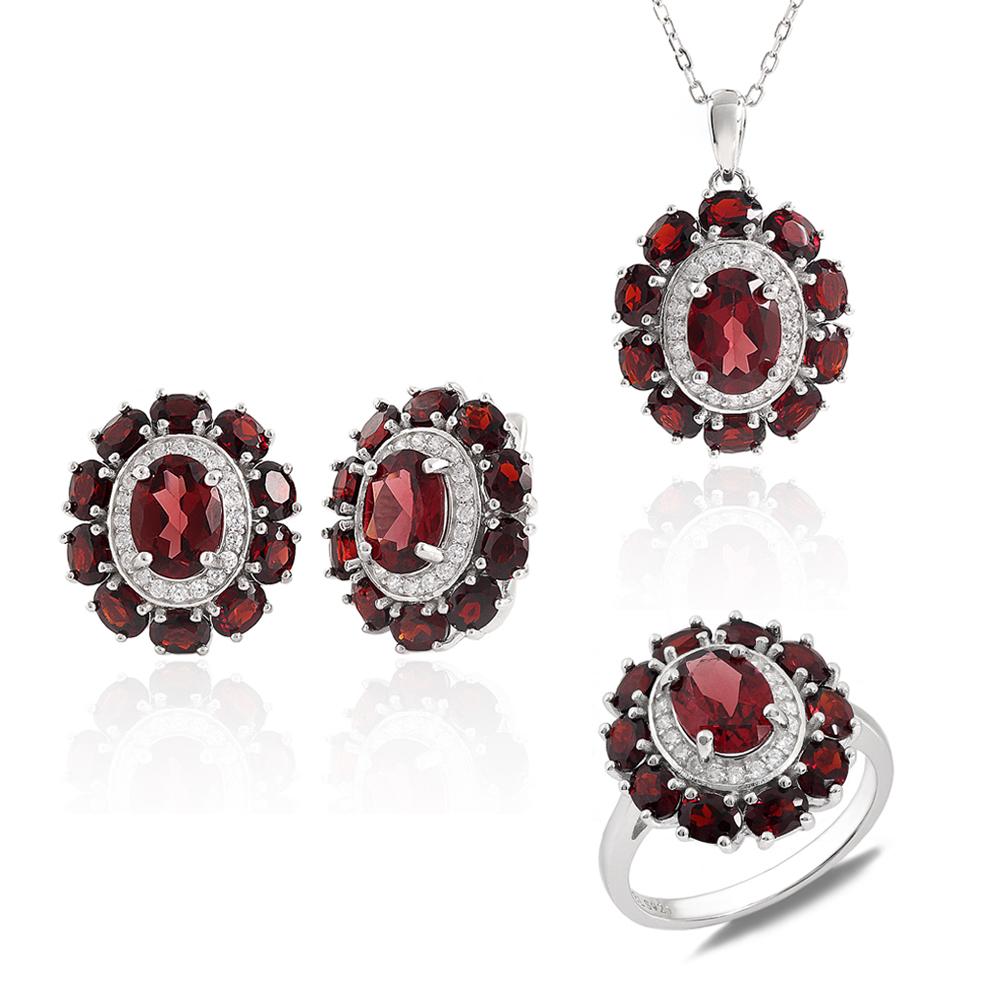 2026, 925 Sterling Silver Ring Earrings Pendant Necklace Natural Garnet January Birthstone Jewelry Set for Women's Banquet Gifts