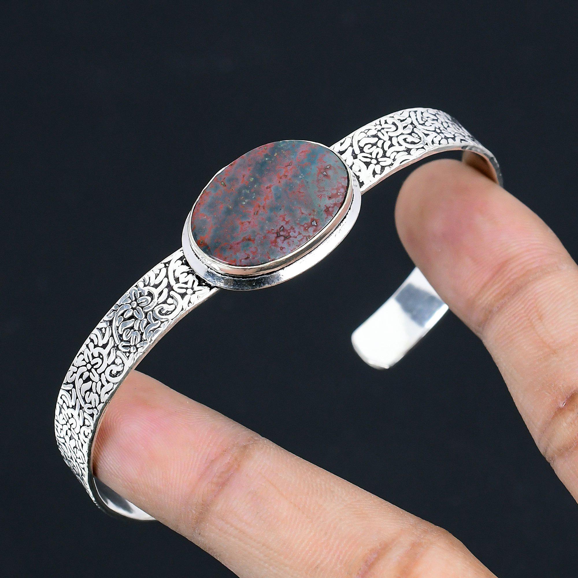 Vente Fête des Filles Pierre Sanguine Ovale Argent Sterling Bracelet Manchette Fait Main Bijoux