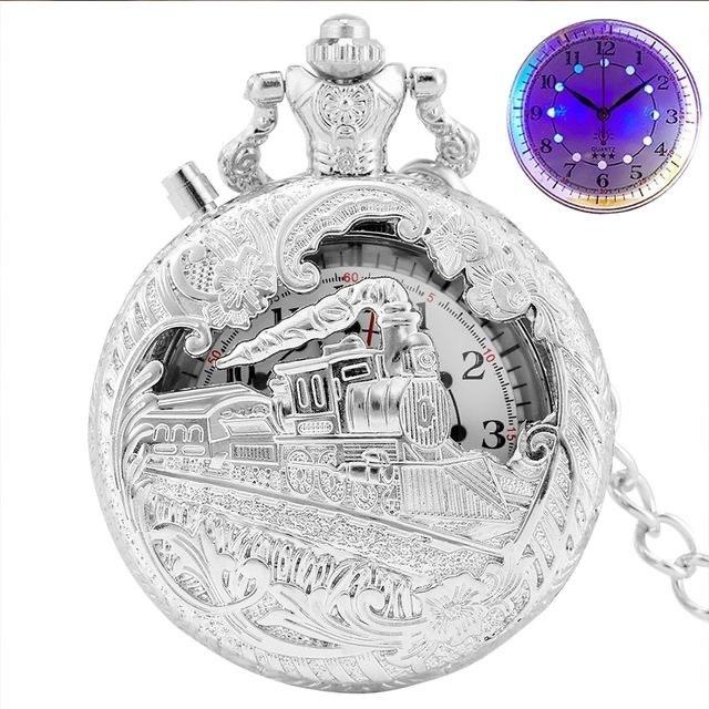 Luminous LED Quartz Pocket Watch Hollow Train Locomotive Engine Steampunk Quartz FOB Light Watches for Men Women