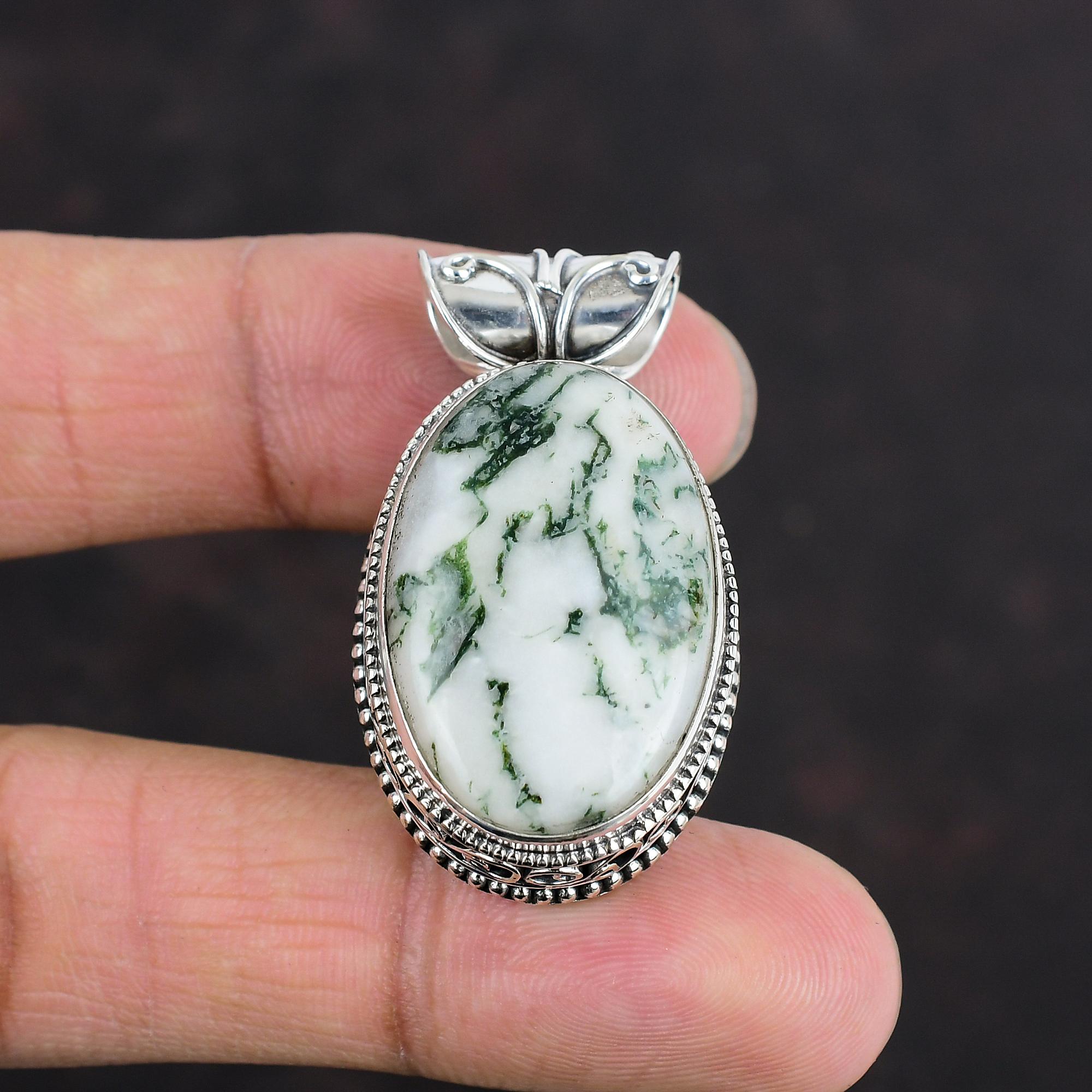 Tree Agate Pendant Genuine Gemstone Pendant Decent Jewelry  925 Sterling Silver Pendant Vintage Pendant Handmade Boho Pendant Wedding Gifts