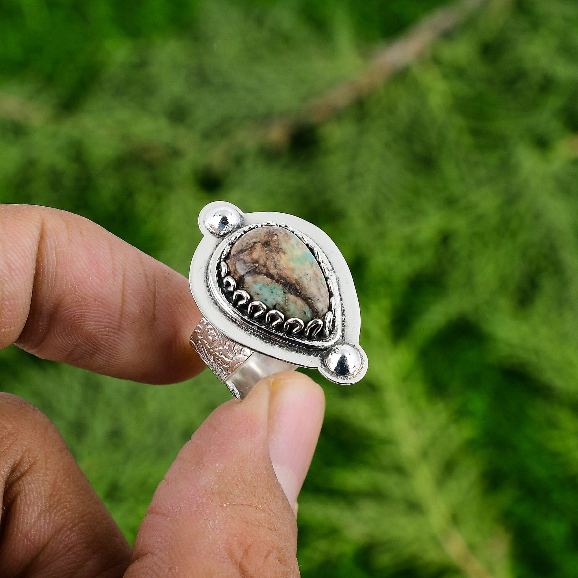 Natural Tibetan Turquoise Stackable Adjustable Ring 925 Silver For Women