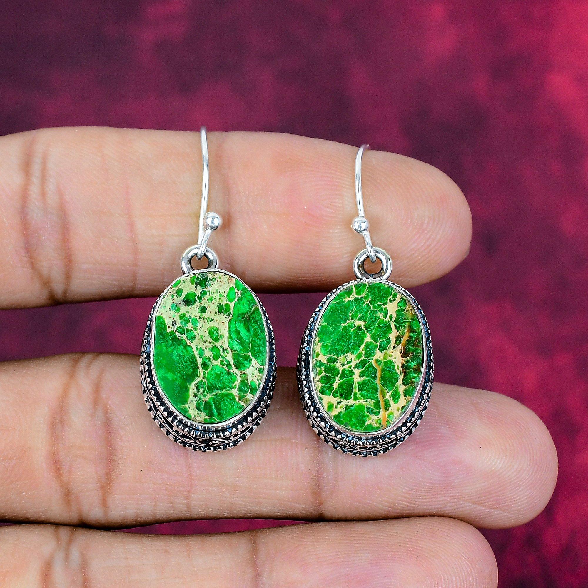 Green Sea Sediment Earrings, 925 Solid Sterling Silver Gemstone Jewelry, Handmade Earrings, Gift For Women