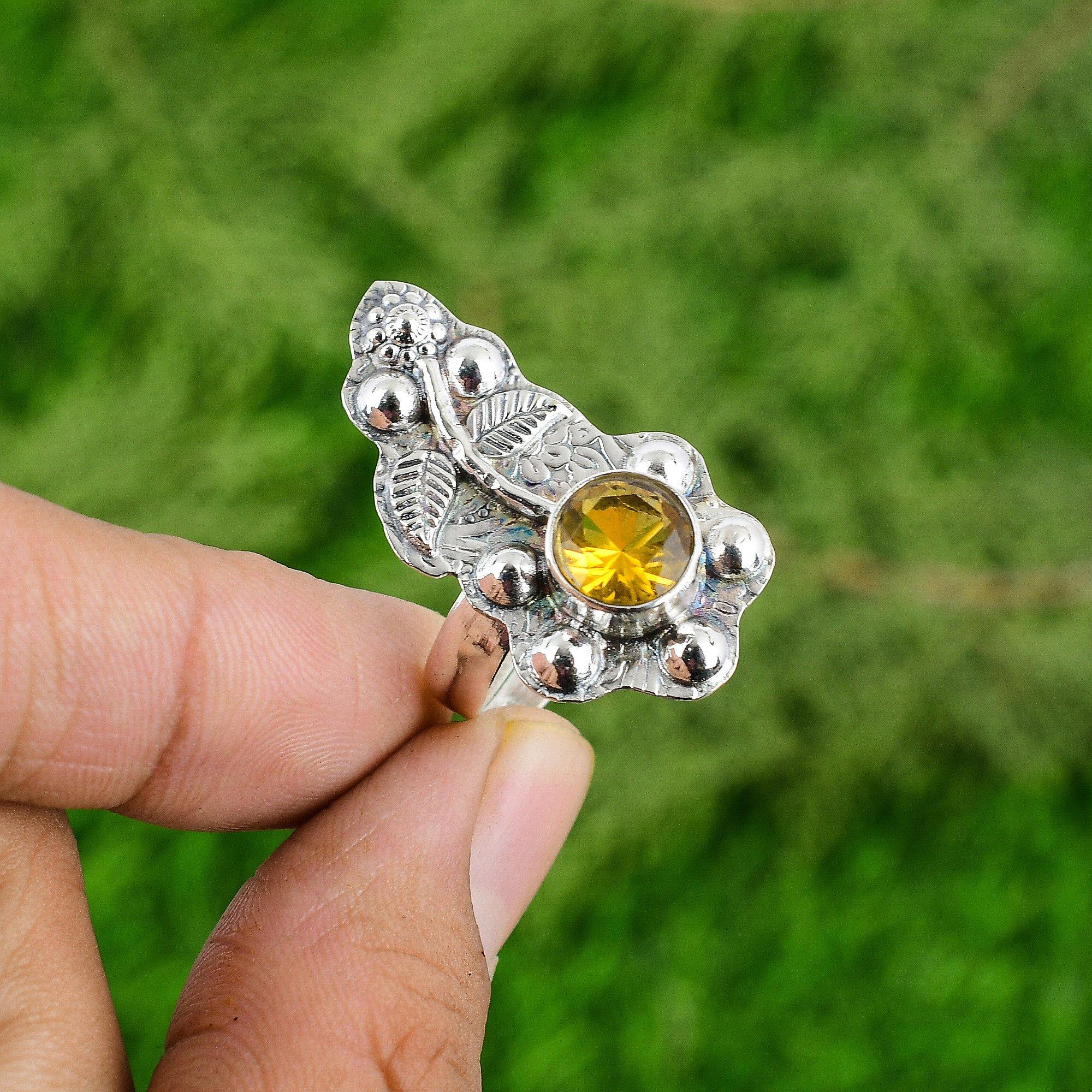 Natural Citrine Bezel Birthday Flower Solitaire Ring Jewelry 925 Sterling Silver