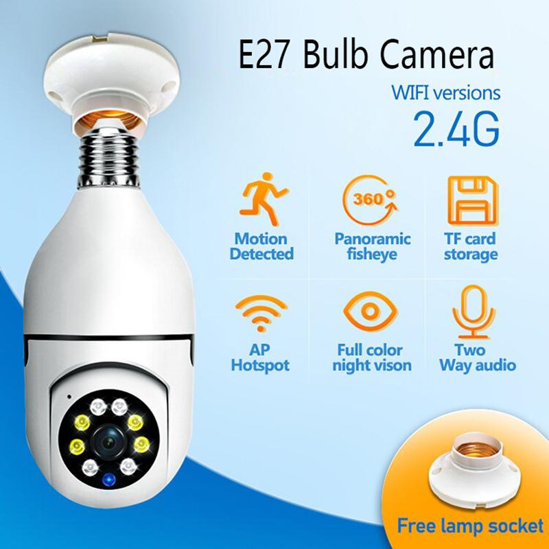 Telecamera di Sorveglianza HD a Lampadina Antifurto Sicurezza Esterna Interna Monitor Wireless WiFi Camera Visione Notturna Audio IP Cam