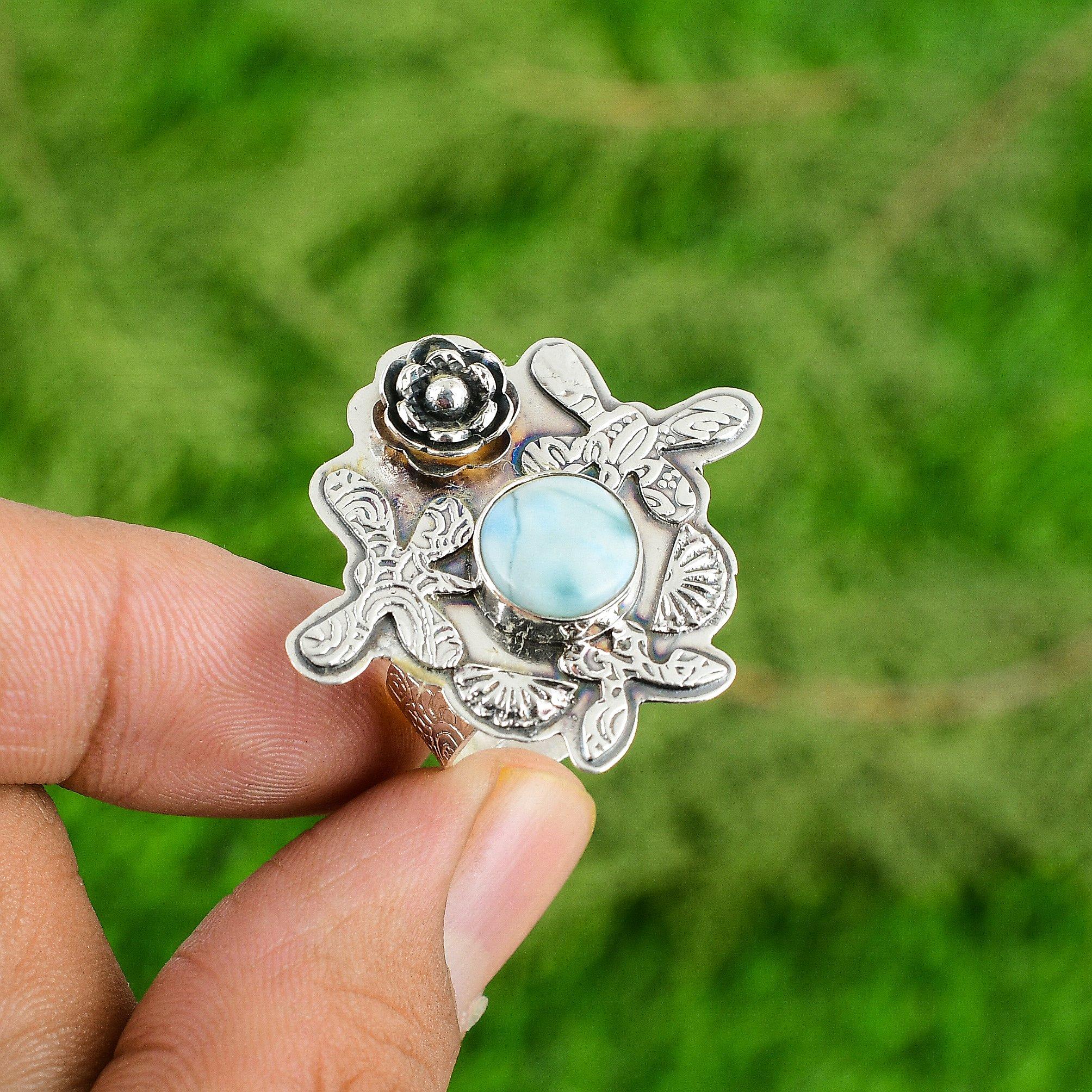 Natural Larimar Gemstone 925 Silver Promise Flower Adjustable Ring For Girls
