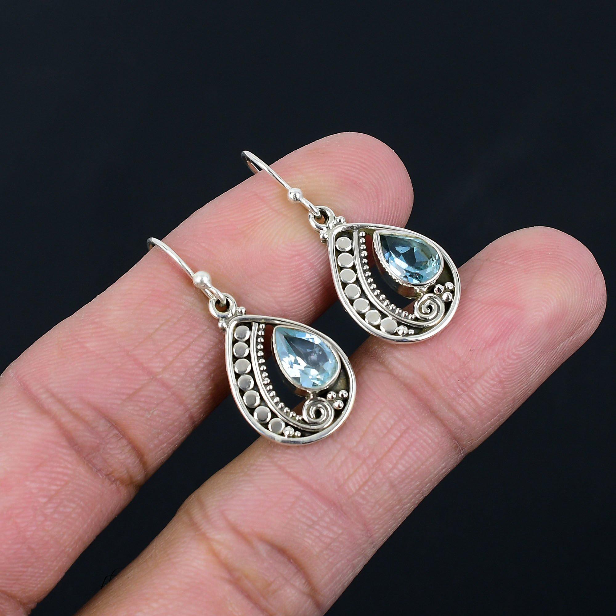 Blue Topaz Gemstone Earrings Solid 925 Sterling Silver Handmade Earrings Jewelry Gift For Women And Girls E-132