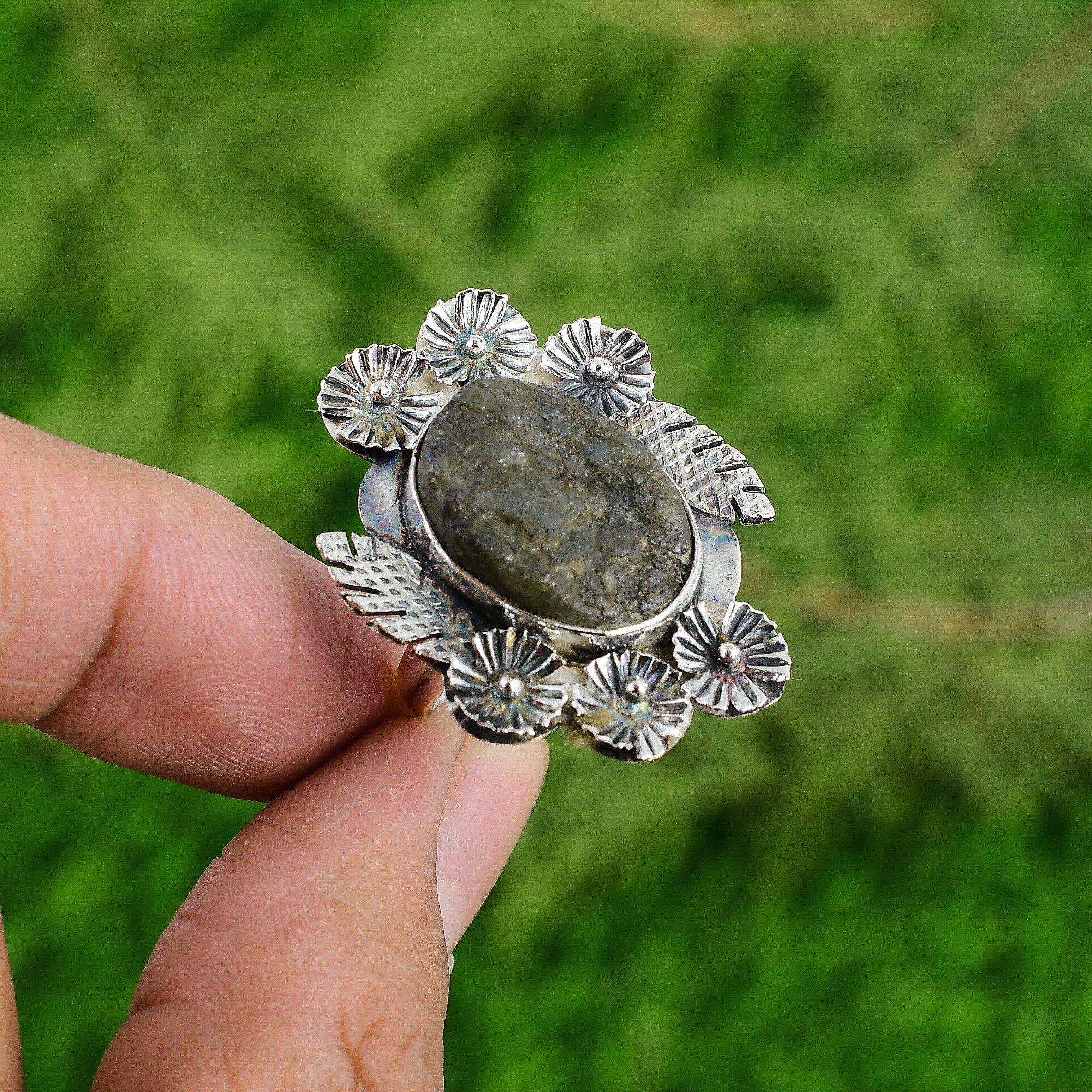 925 Silver Natural Labradorite Rough Stackable Flower Adjustable Ring