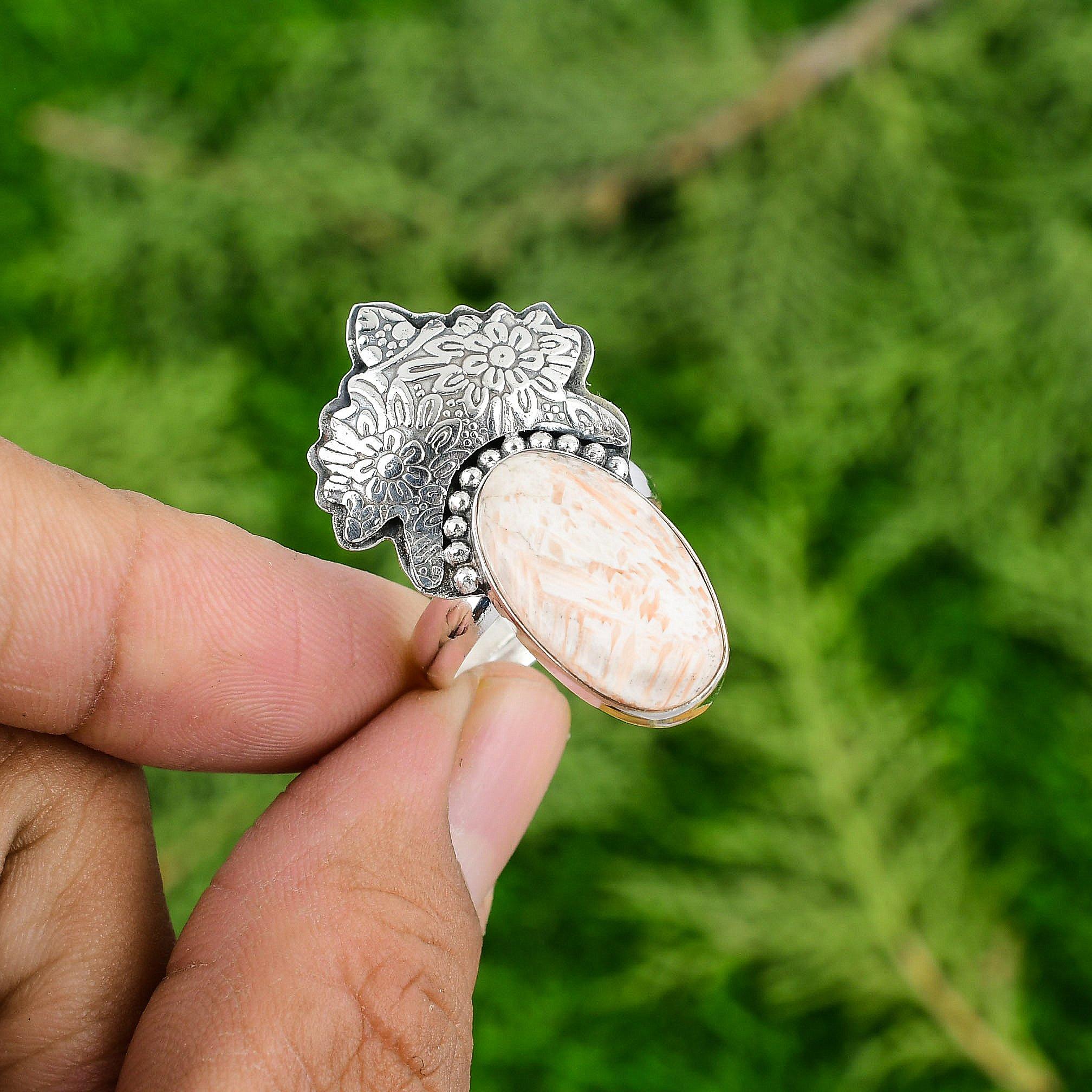 Easter Sale 925 Sterling Silver Oval Scolecite Stone Stackable Statement Ring