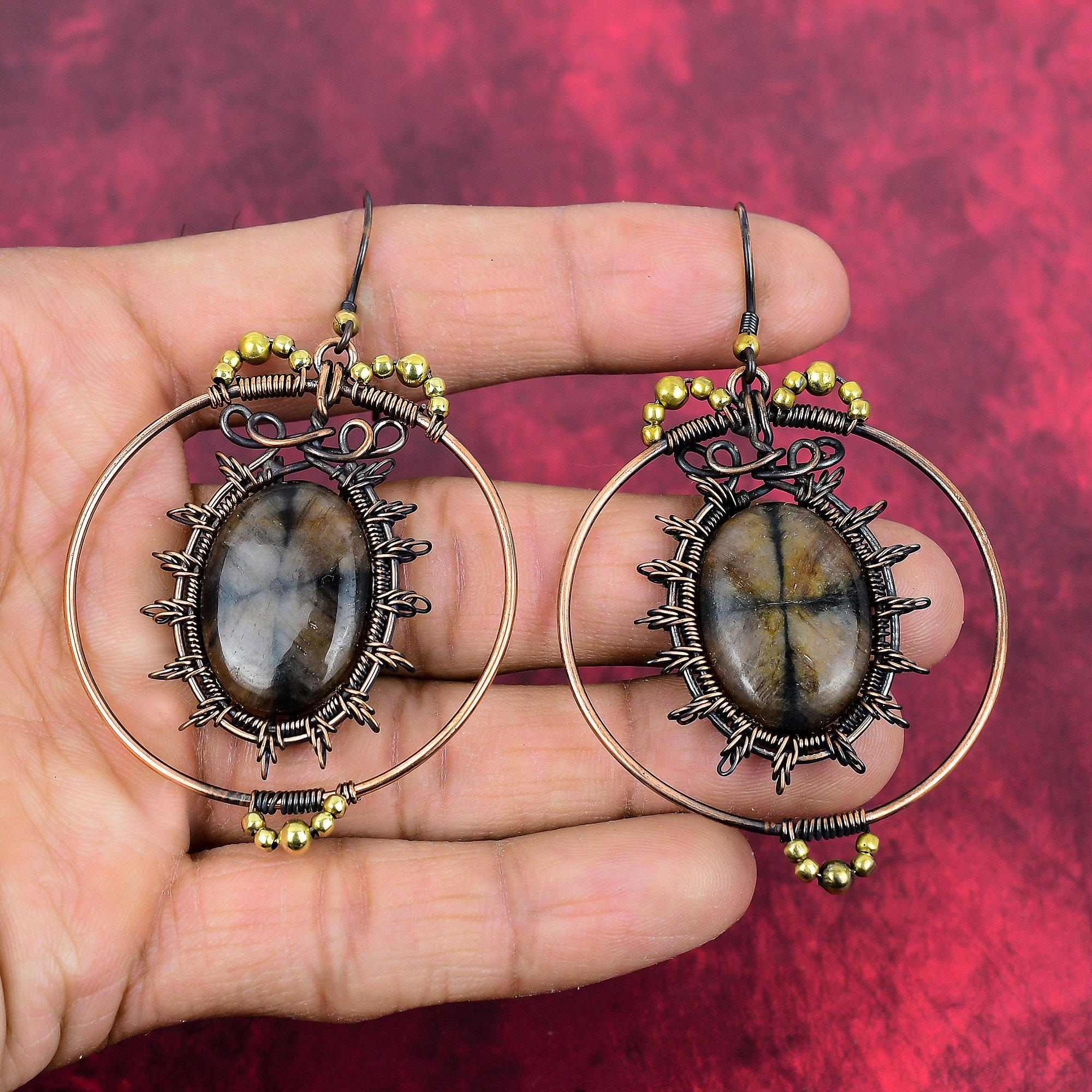 Chiastolite Earring Copper Wire Wrapped Earrings Handmade Original Gemstone Earring Antique Copper Jewelry Dangle Earring Gifts for Mother