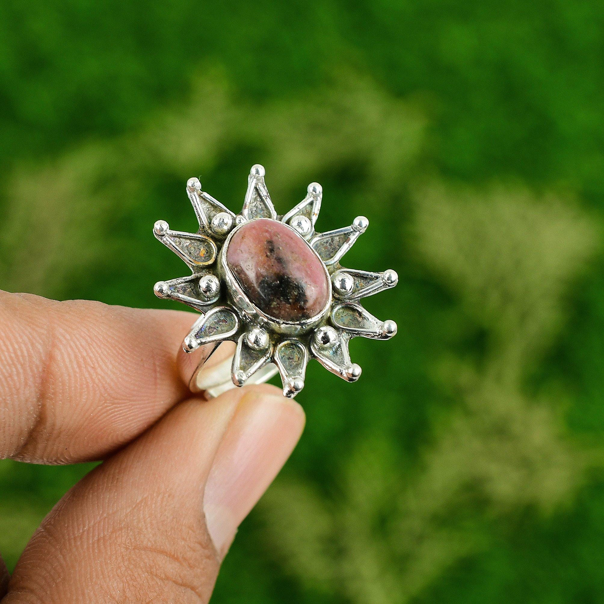 Womens day Deal Rhodonite Stone 925 Sterling Silver Flower Sister Stackable Ring