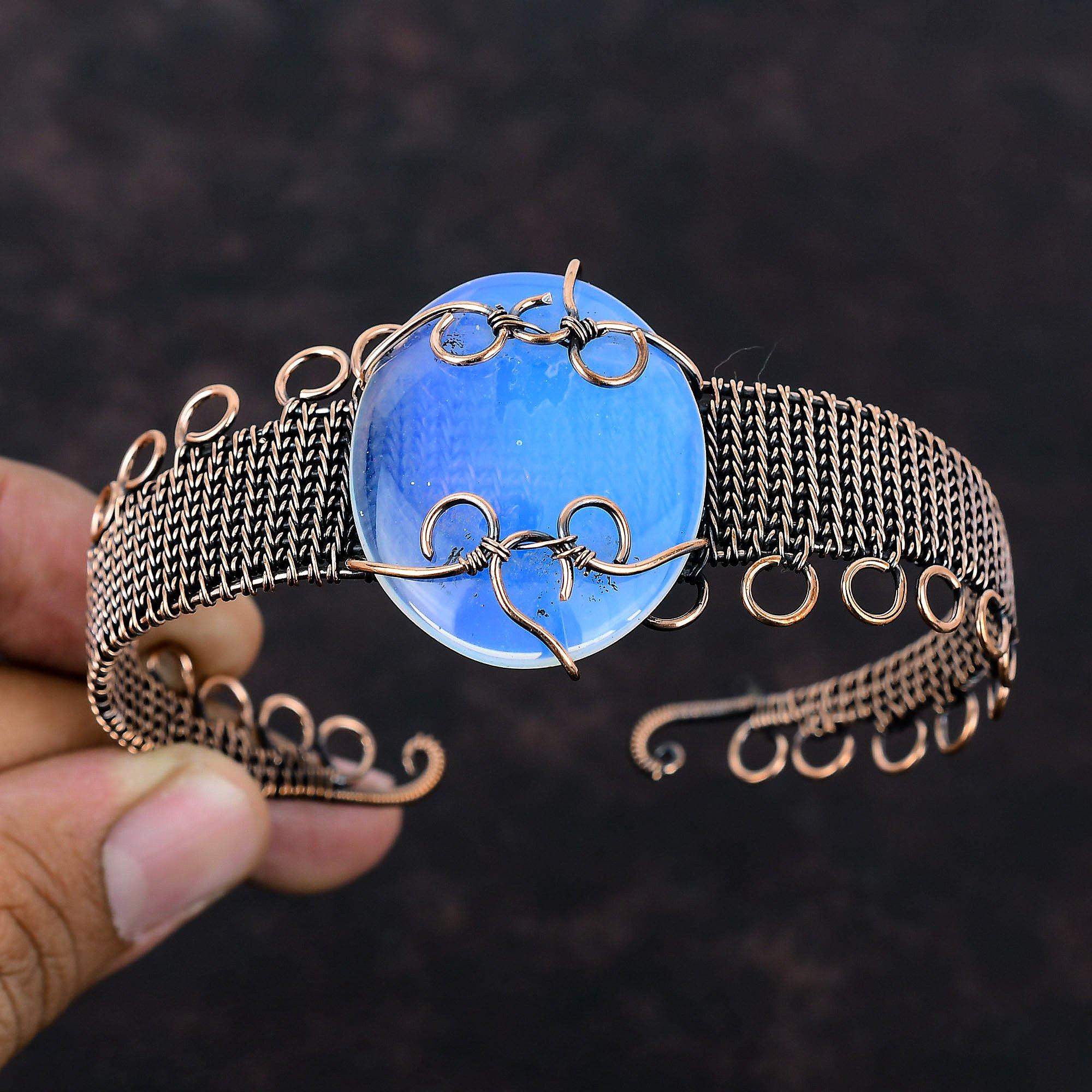 Milky Opal Manschettenarmband Kupferdraht gewickelt Armreif Milky Opal Edelstein Schmuck Verstellbares Manschettenarmband Kupferdraht Schmuck handgemachter Armreif